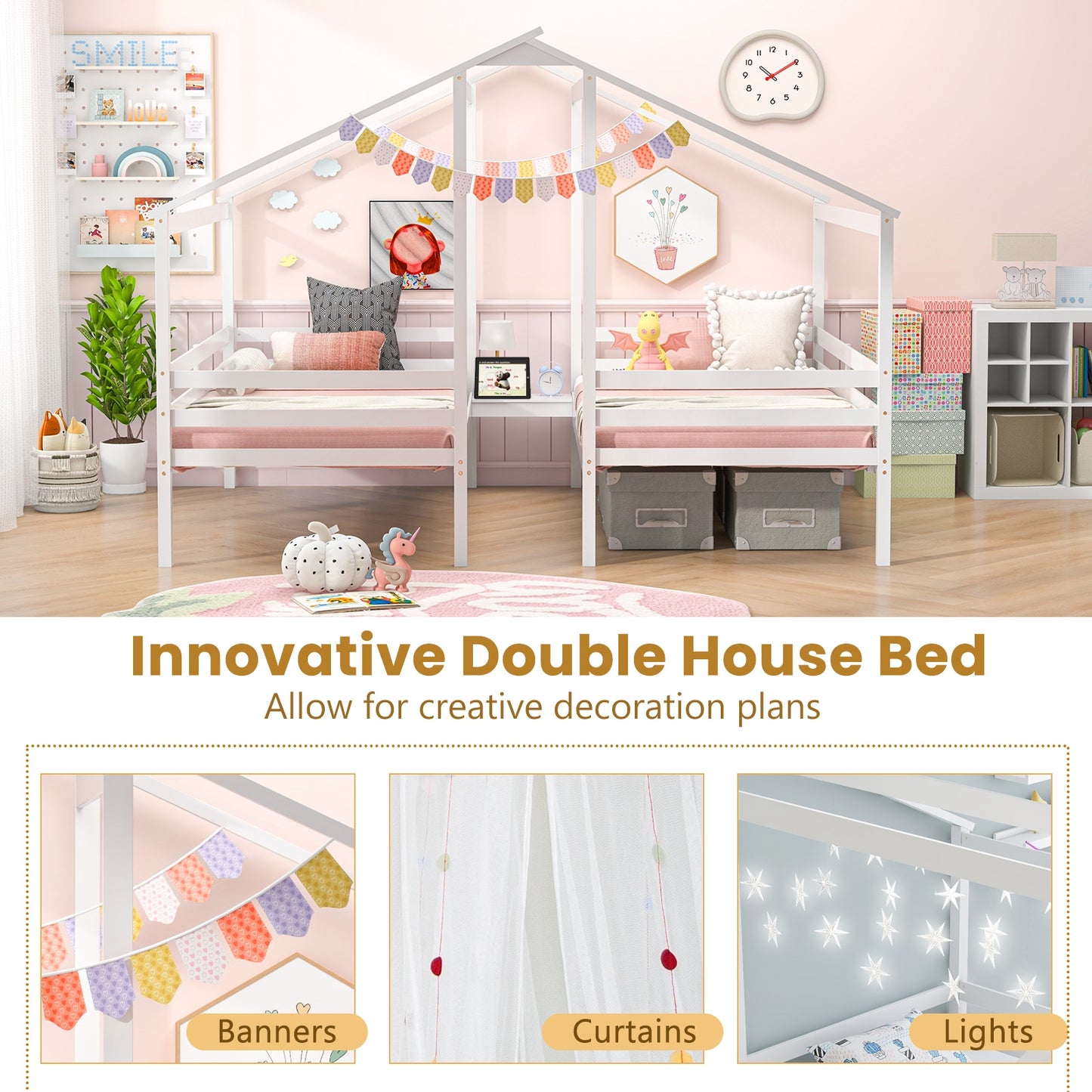 Double Twin Wooden House Bed Frame with Nightstand and Charging Ports for Kids