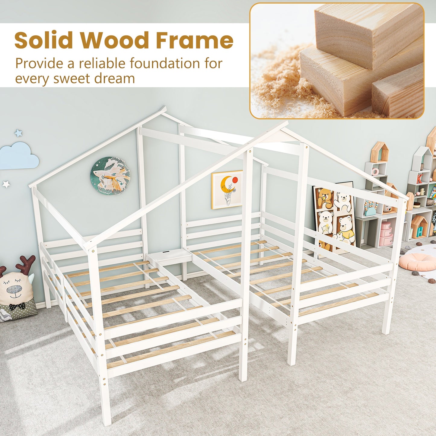 Double Twin Wooden House Bed Frame with Nightstand and Charging Ports for Kids
