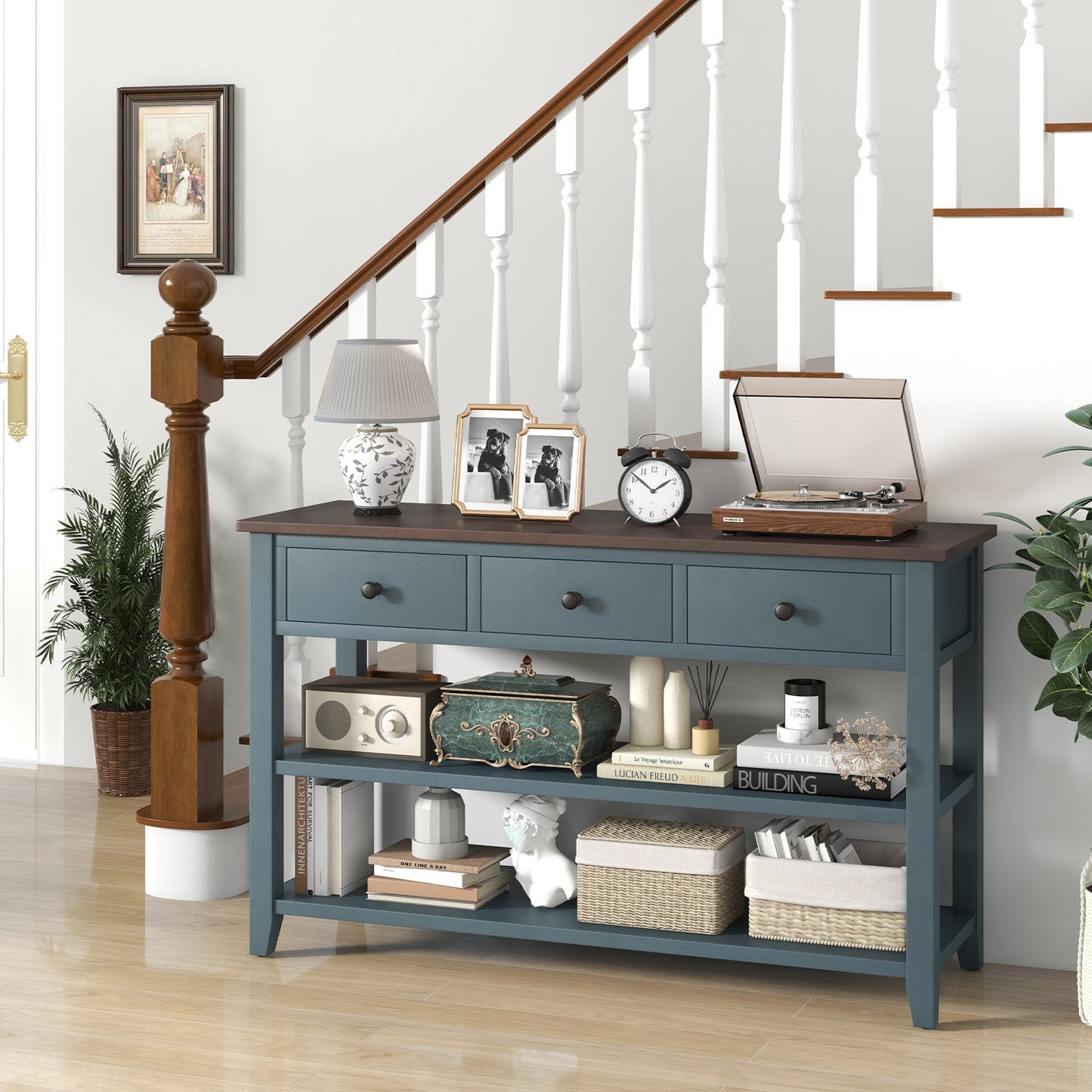 50" Slim Console Table with Farmhouse Style Drawers and Bottom Storage Shelf