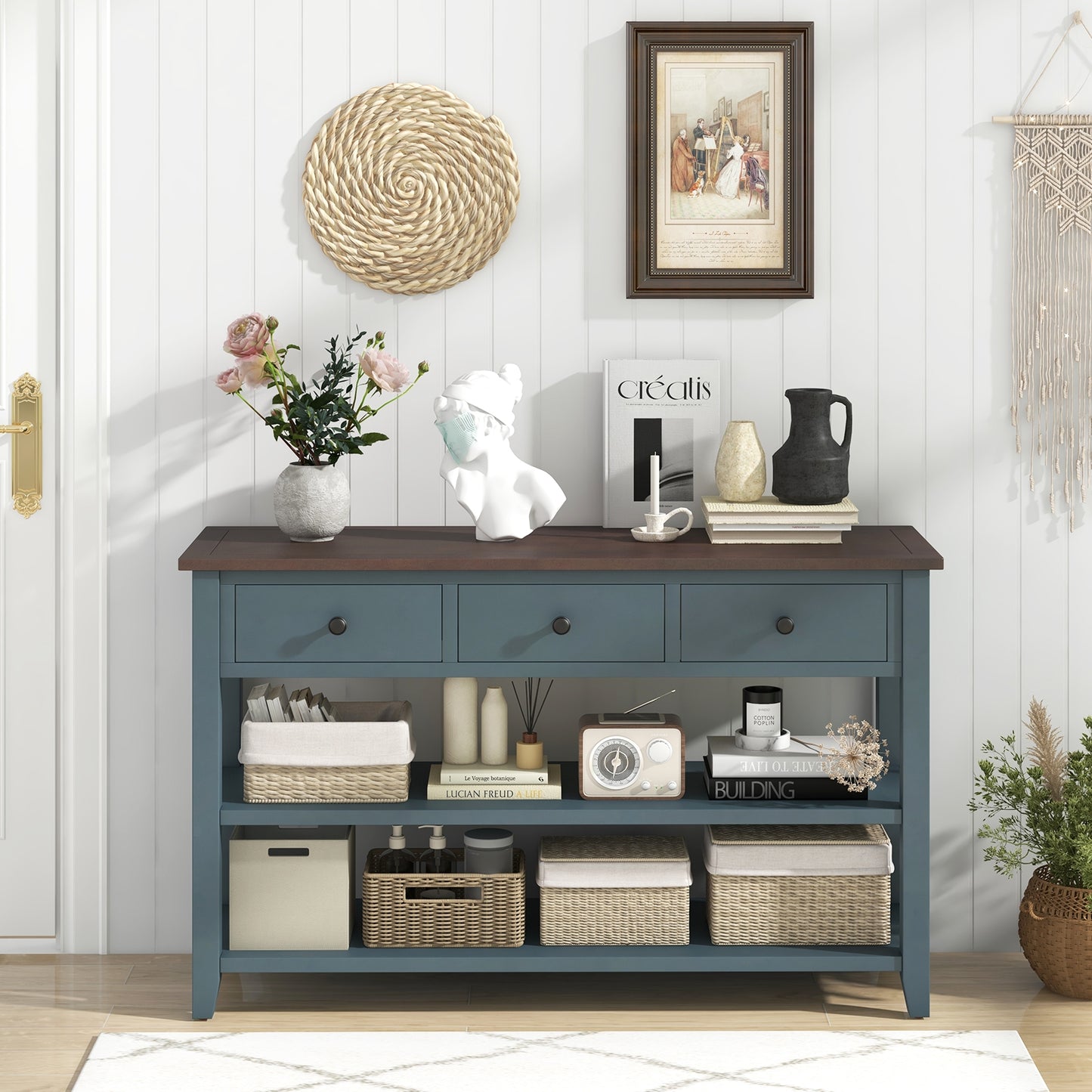 50" Slim Console Table with Farmhouse Style Drawers and Bottom Storage Shelf