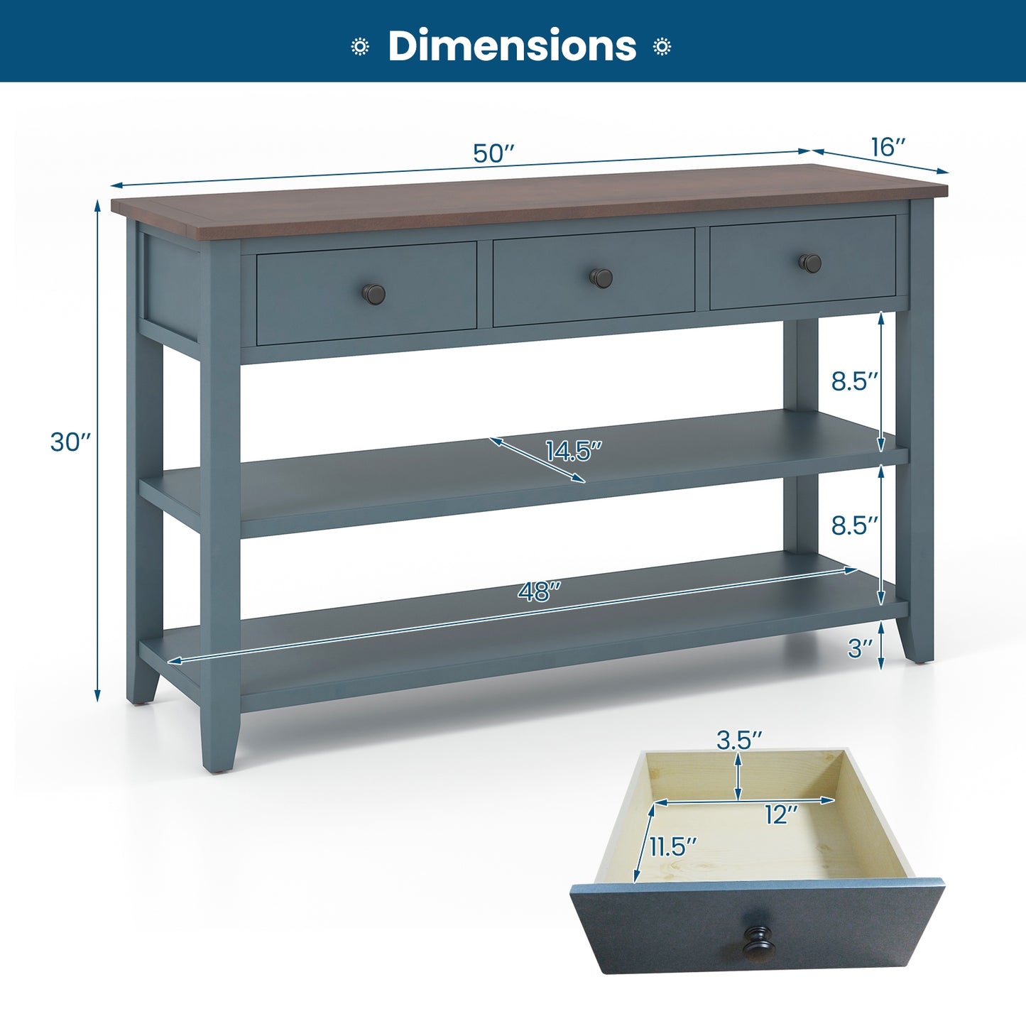 50" Slim Console Table with Farmhouse Style Drawers and Bottom Storage Shelf