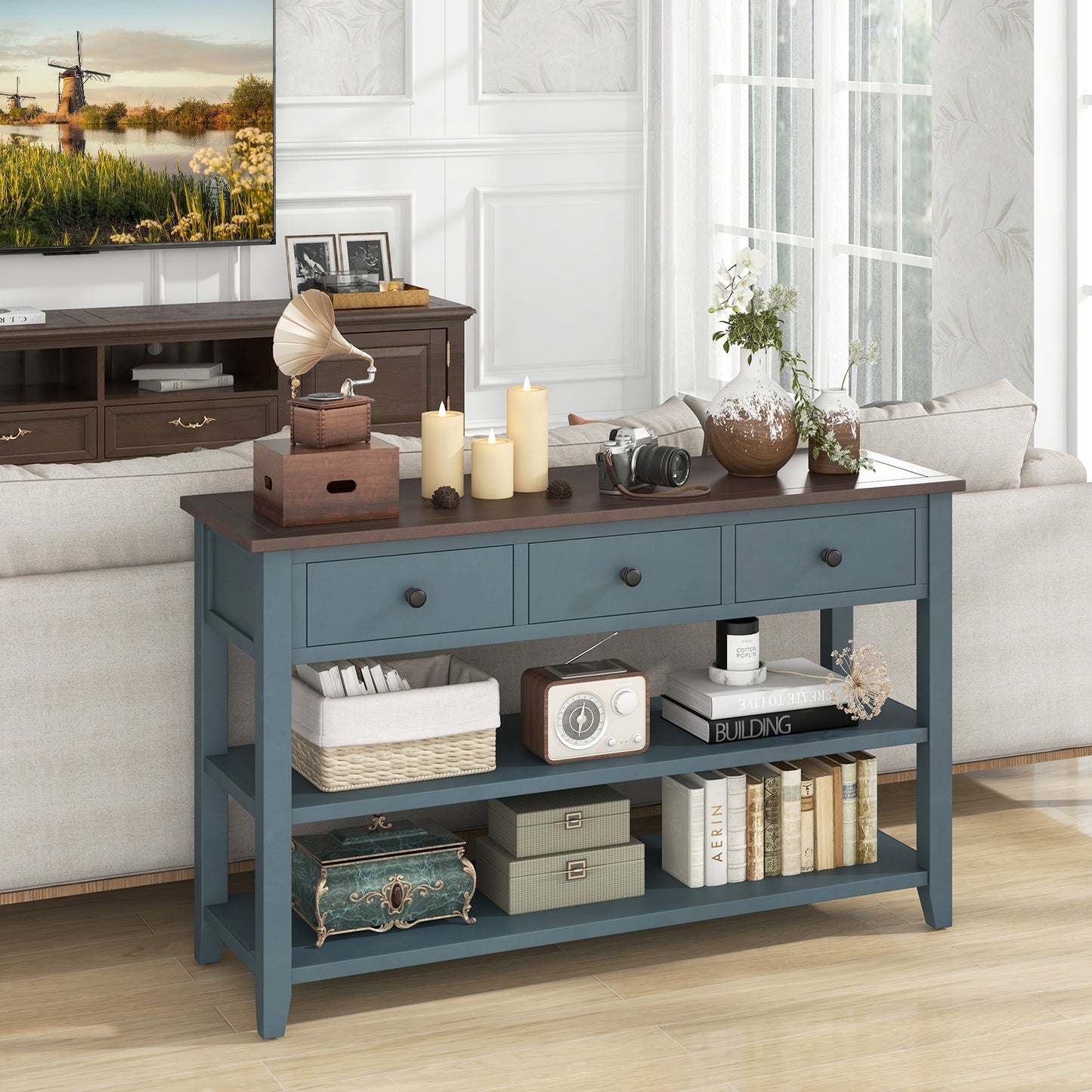 50" Slim Console Table with Farmhouse Style Drawers and Bottom Storage Shelf