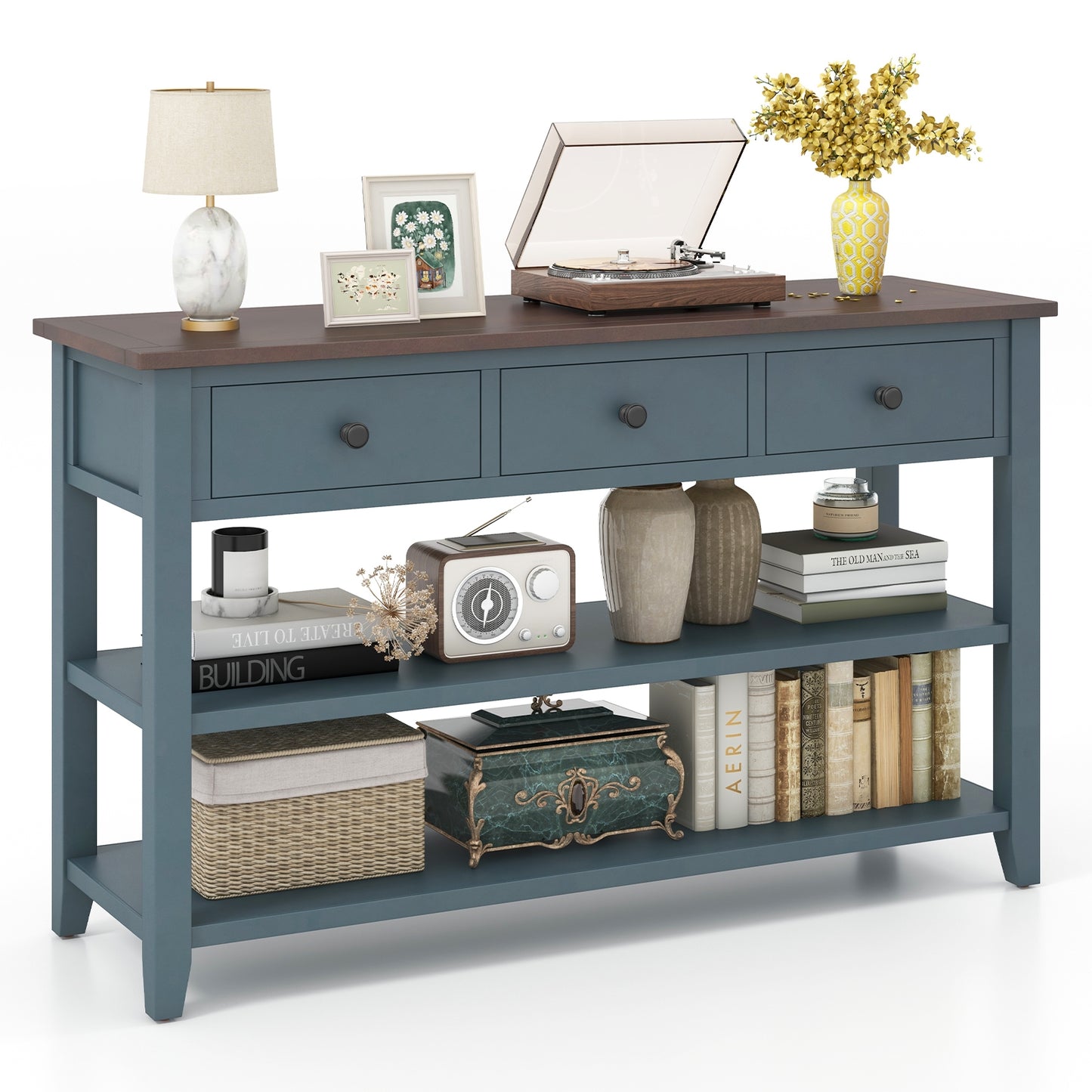 50" Slim Console Table with Farmhouse Style Drawers and Bottom Storage Shelf
