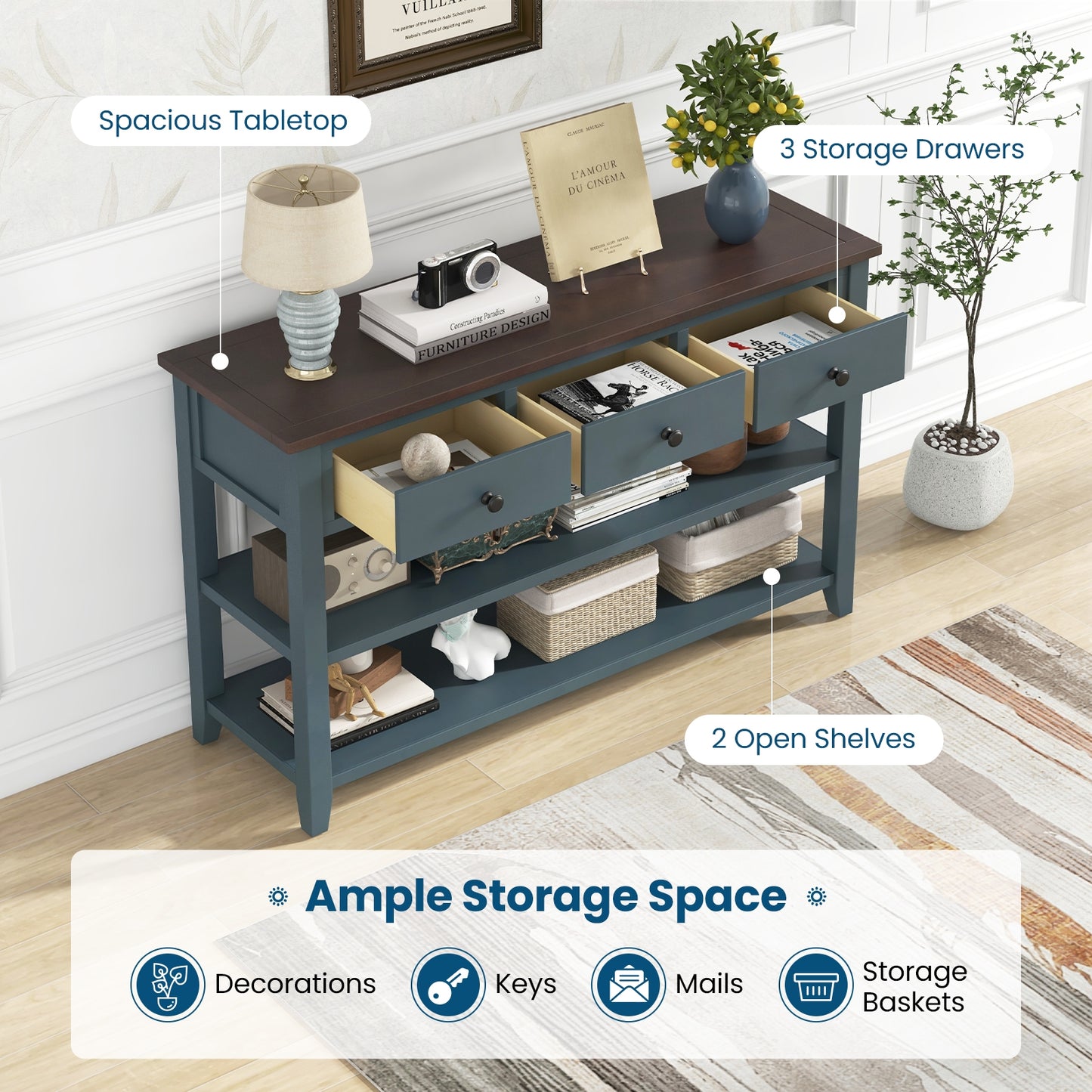 50" Slim Console Table with Farmhouse Style Drawers and Bottom Storage Shelf