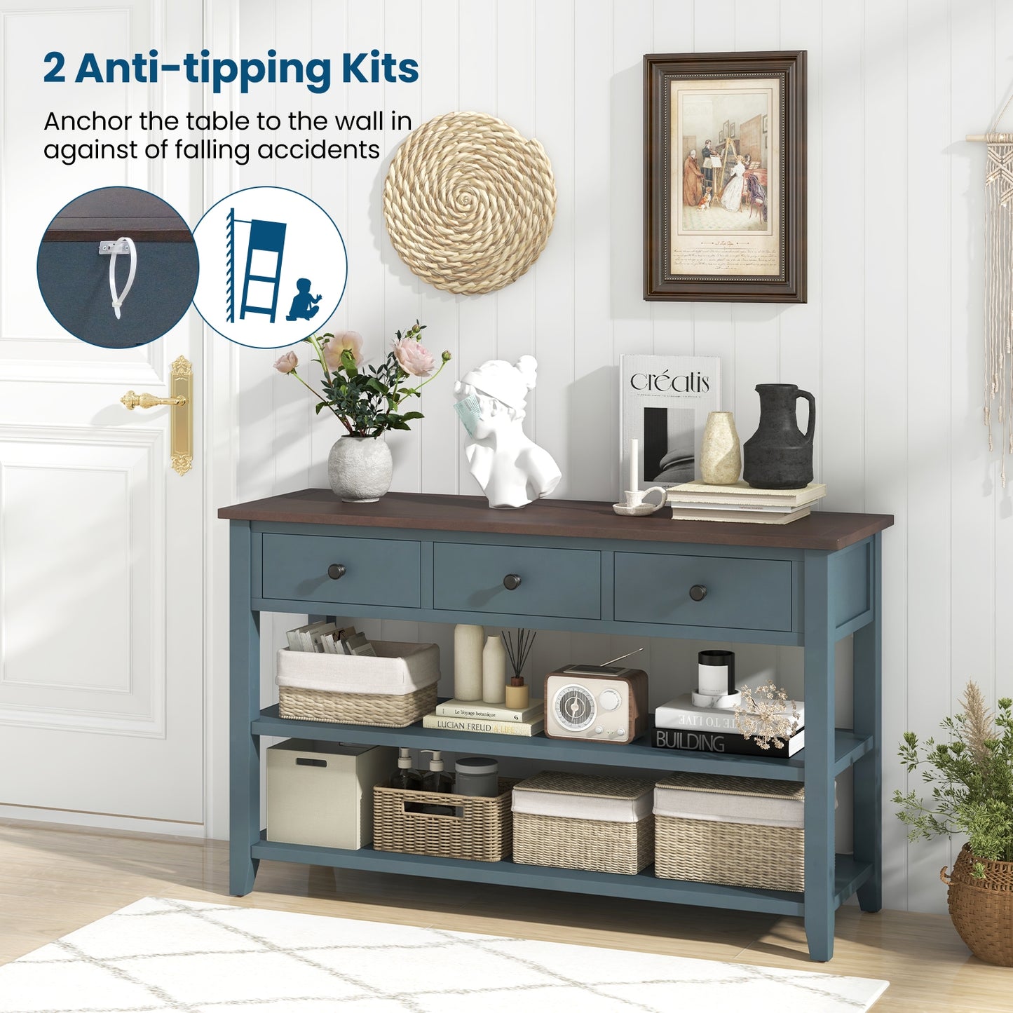 50" Slim Console Table with Farmhouse Style Drawers and Bottom Storage Shelf