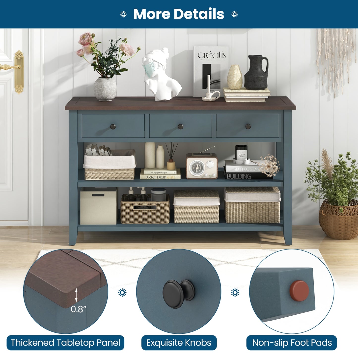 50" Slim Console Table with Farmhouse Style Drawers and Bottom Storage Shelf