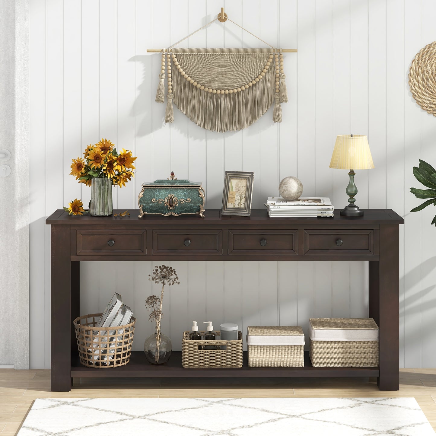 Spacious 63" Farmhouse Entryway Table with 4 Drawers and Open Shelf Storage