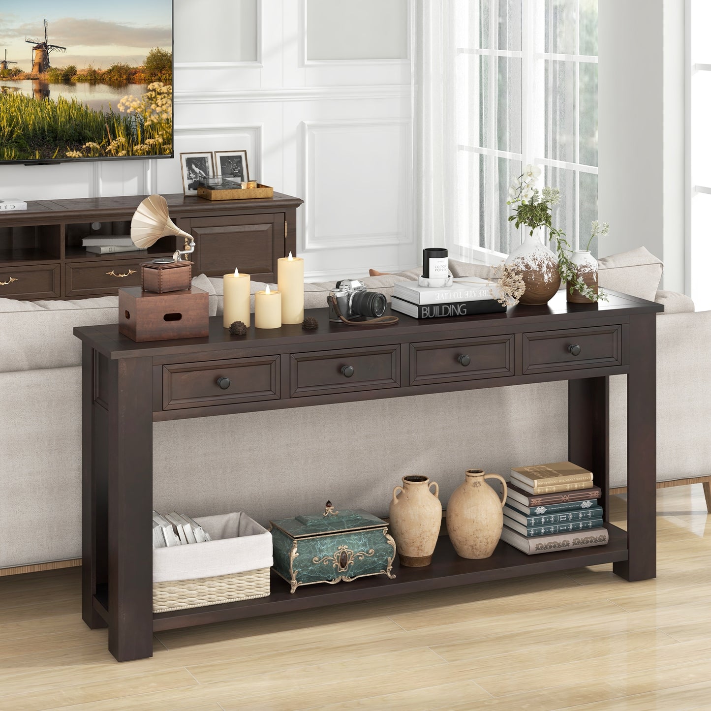 Spacious 63" Farmhouse Entryway Table with 4 Drawers and Open Shelf Storage