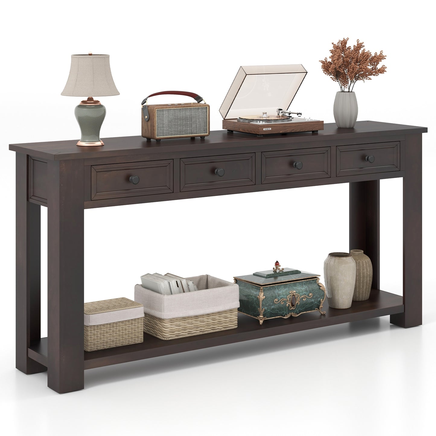 Spacious 63" Farmhouse Entryway Table with 4 Drawers and Open Shelf Storage