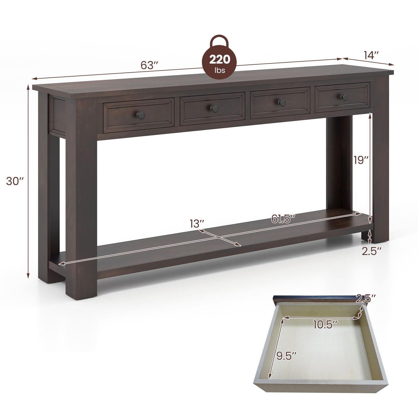 Spacious 63" Farmhouse Entryway Table with 4 Drawers and Open Shelf Storage