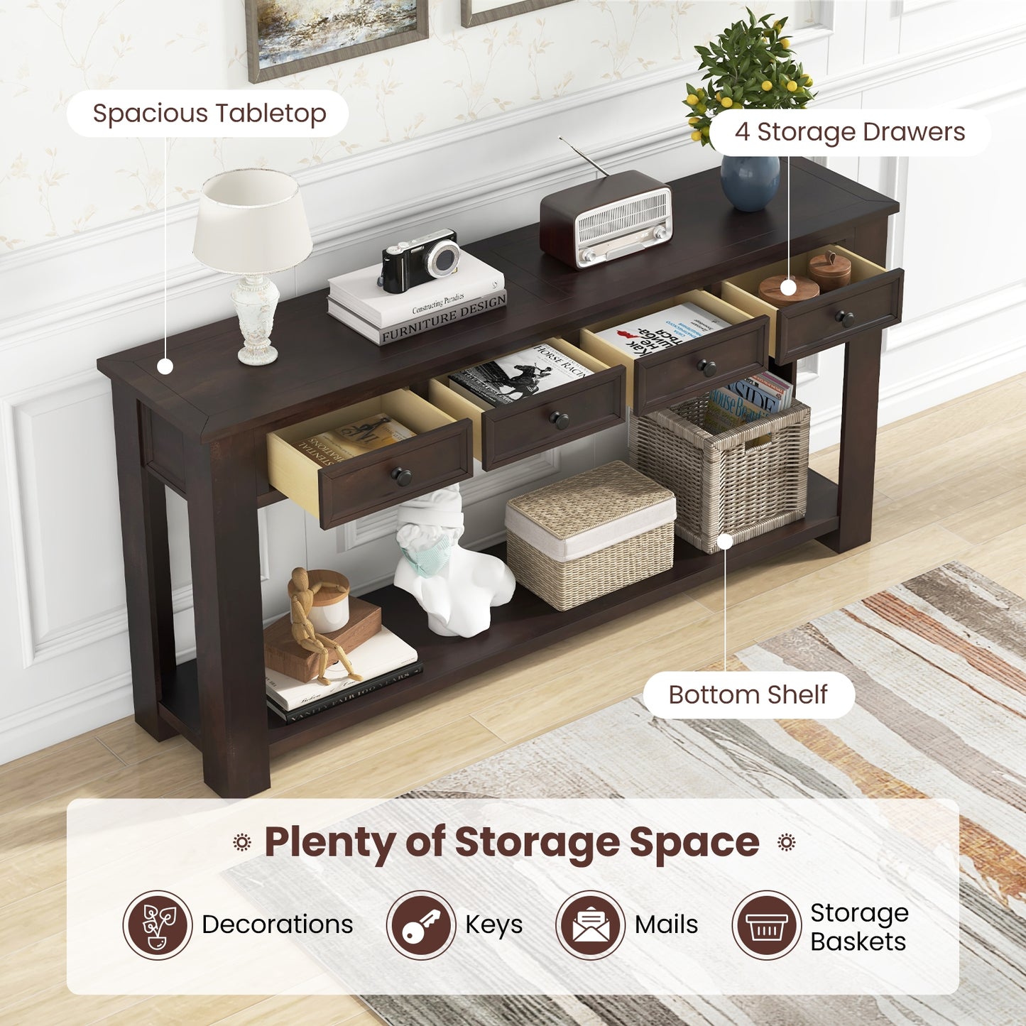Spacious 63" Farmhouse Entryway Table with 4 Drawers and Open Shelf Storage