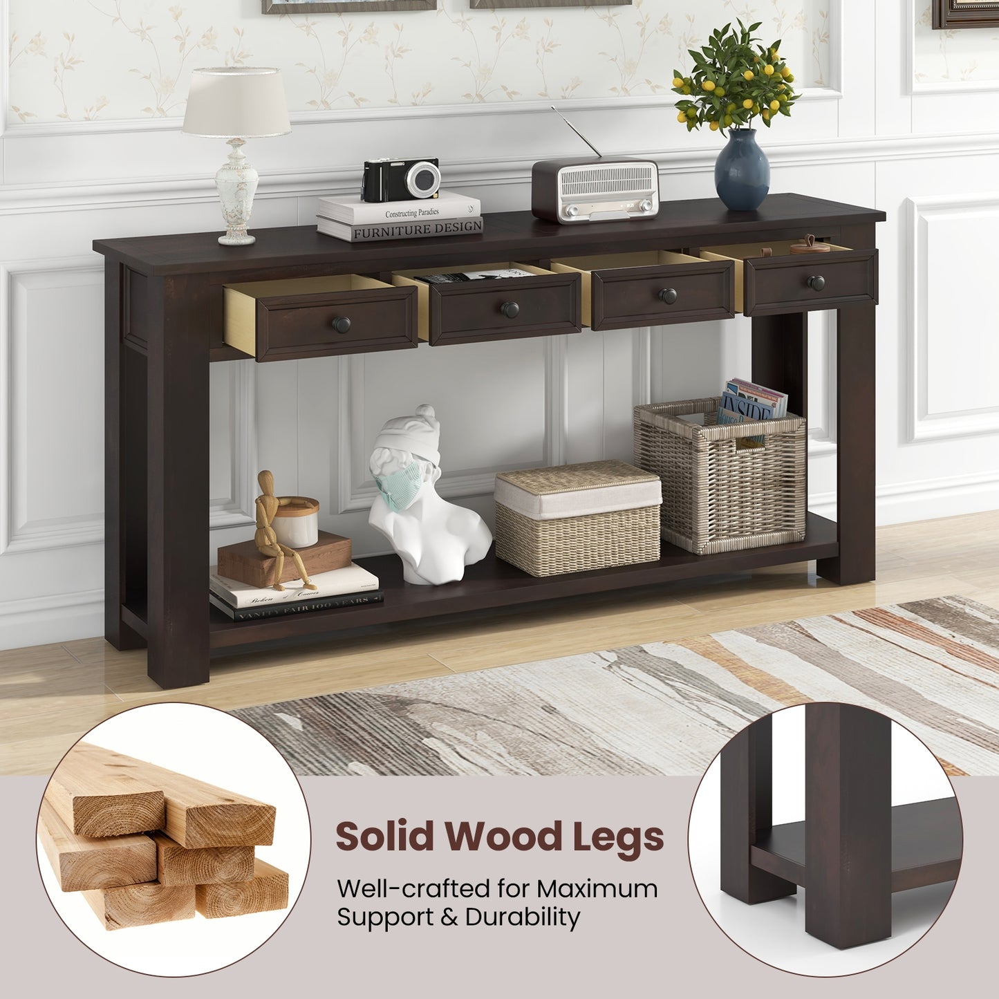 Spacious 63" Farmhouse Entryway Table with 4 Drawers and Open Shelf Storage