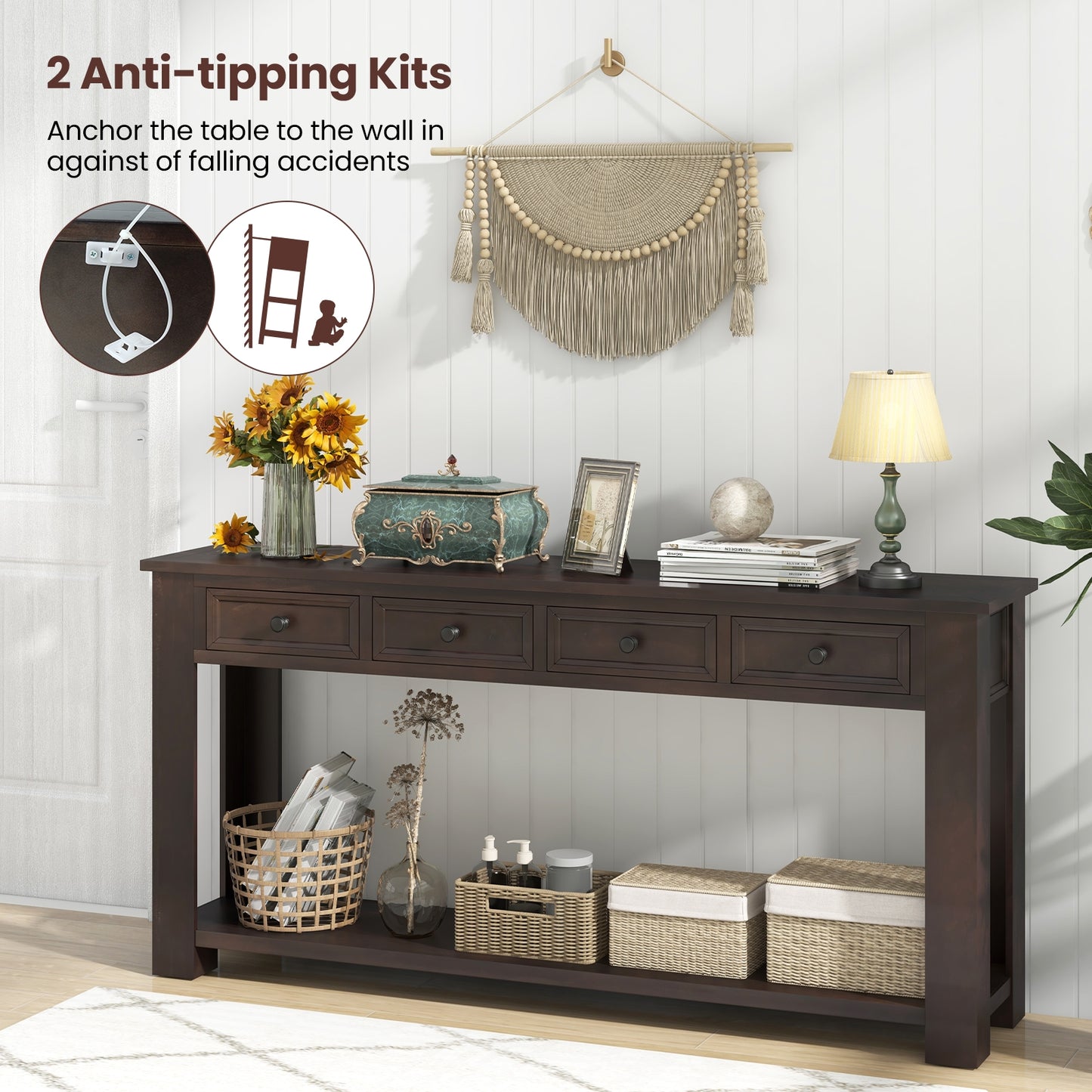 Spacious 63" Farmhouse Entryway Table with 4 Drawers and Open Shelf Storage