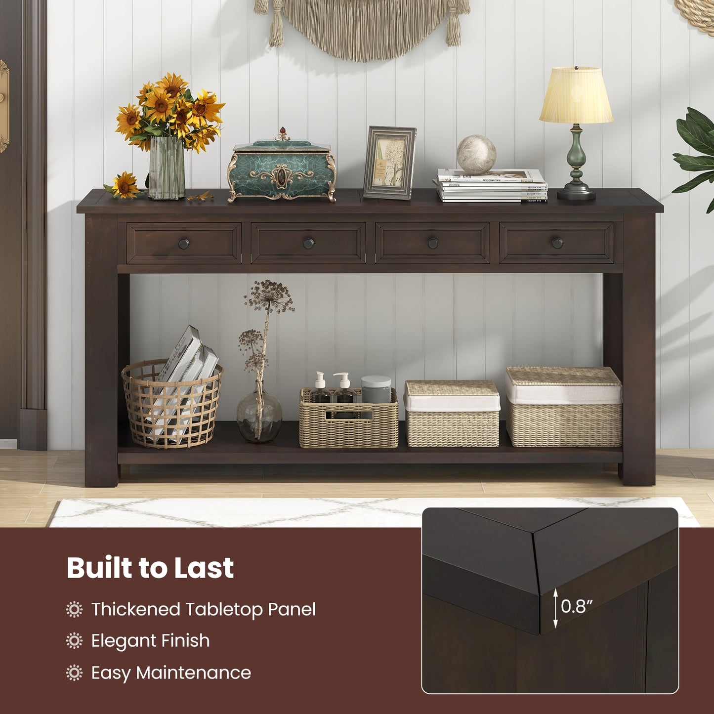 Spacious 63" Farmhouse Entryway Table with 4 Drawers and Open Shelf Storage