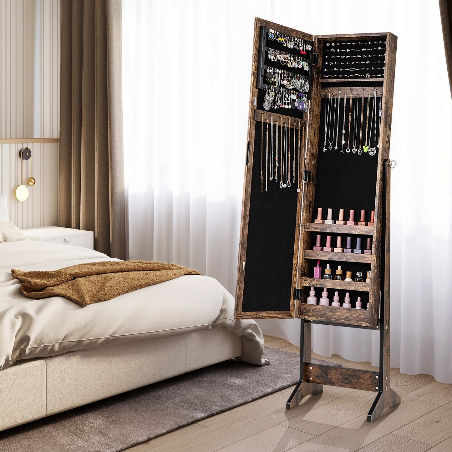 Freestanding Jewelry Cabinet Armoire with Full-Length Mirror and Storage Organizer for Accessories – Brown