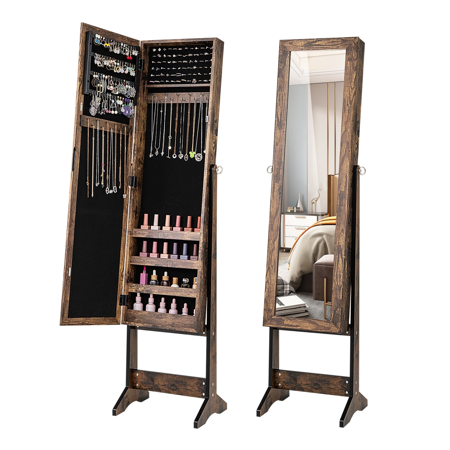 Freestanding Jewelry Cabinet Armoire with Full-Length Mirror and Storage Organizer for Accessories – Brown