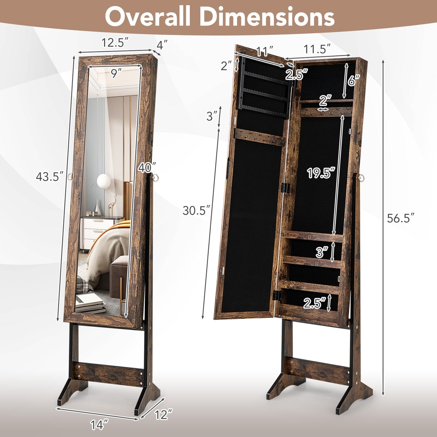 Freestanding Jewelry Cabinet Armoire with Full-Length Mirror and Storage Organizer for Accessories – Brown