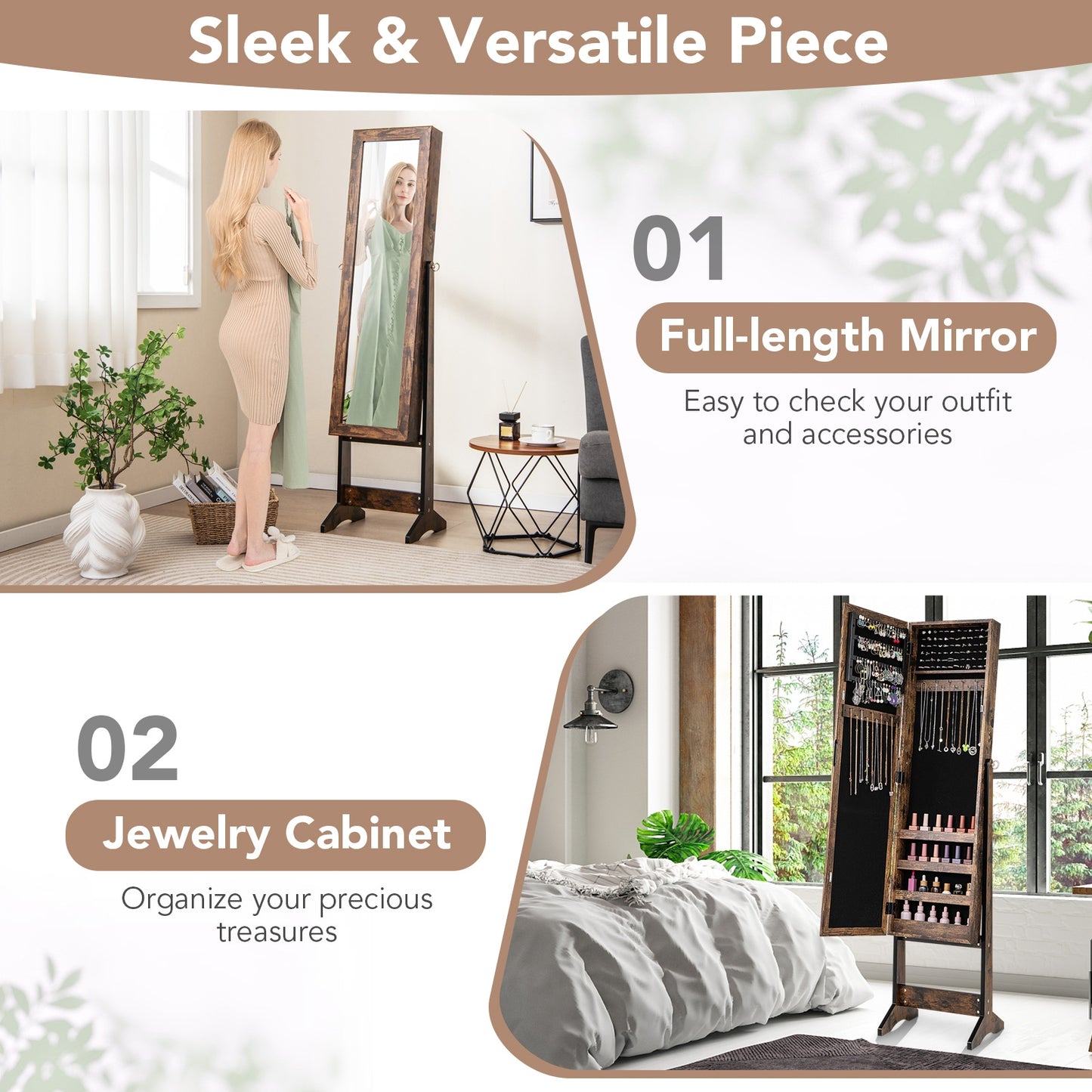 Freestanding Jewelry Cabinet Armoire with Full-Length Mirror and Storage Organizer for Accessories – Brown