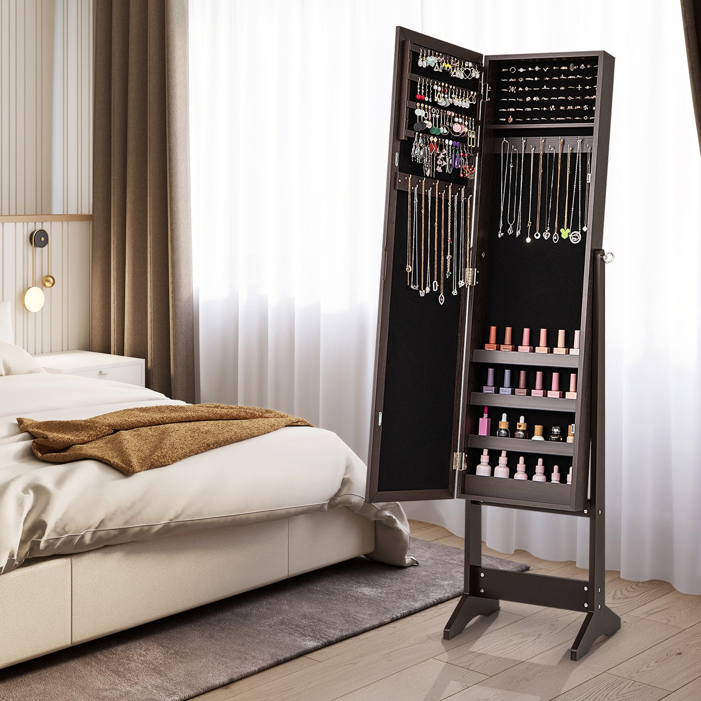 Freestanding Jewelry Cabinet Armoire with Full-Length Mirror and Storage Organizer for Accessories – Rustic Brown