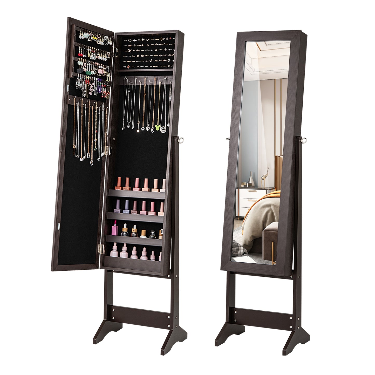 Freestanding Jewelry Cabinet Armoire with Full-Length Mirror and Storage Organizer for Accessories – Rustic Brown