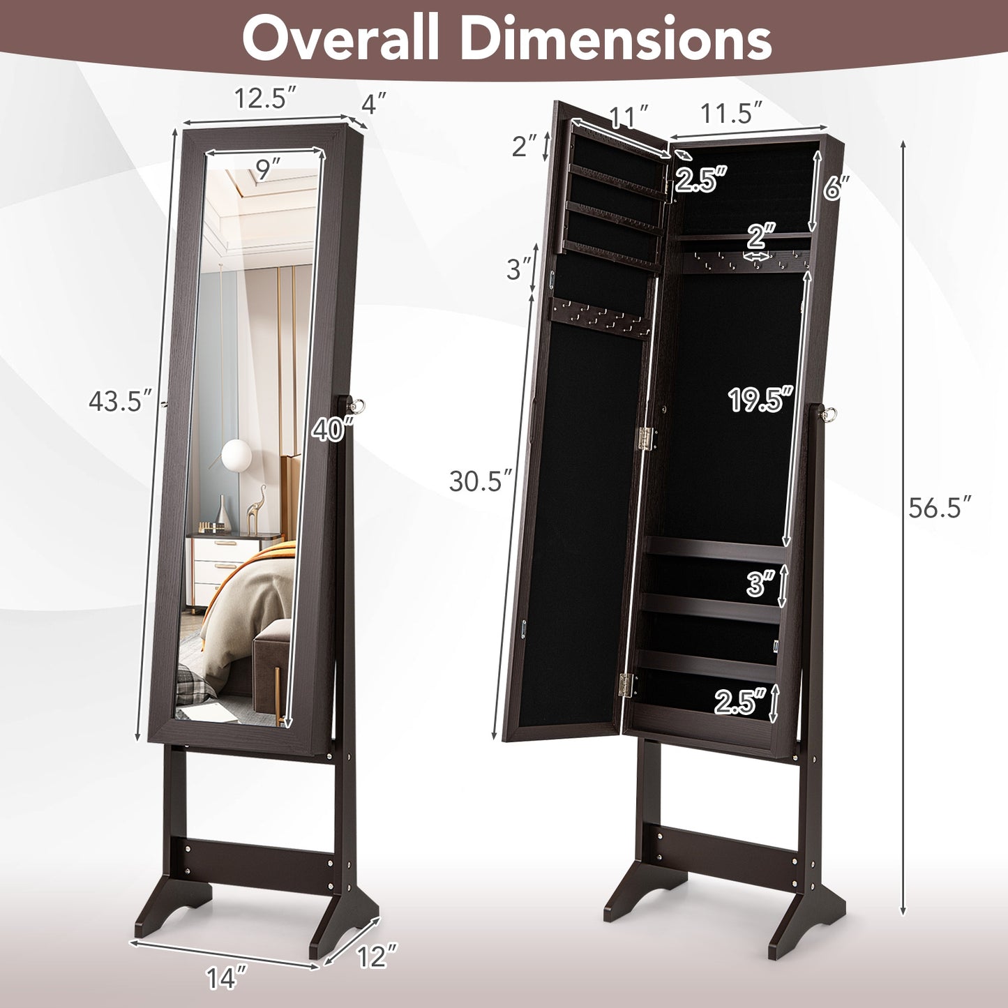 Freestanding Jewelry Cabinet Armoire with Full-Length Mirror and Storage Organizer for Accessories – Rustic Brown