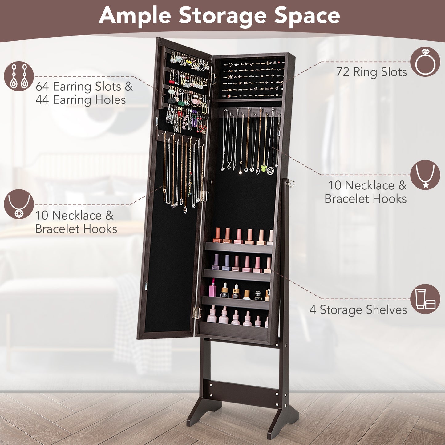 Freestanding Jewelry Cabinet Armoire with Full-Length Mirror and Storage Organizer for Accessories – Rustic Brown