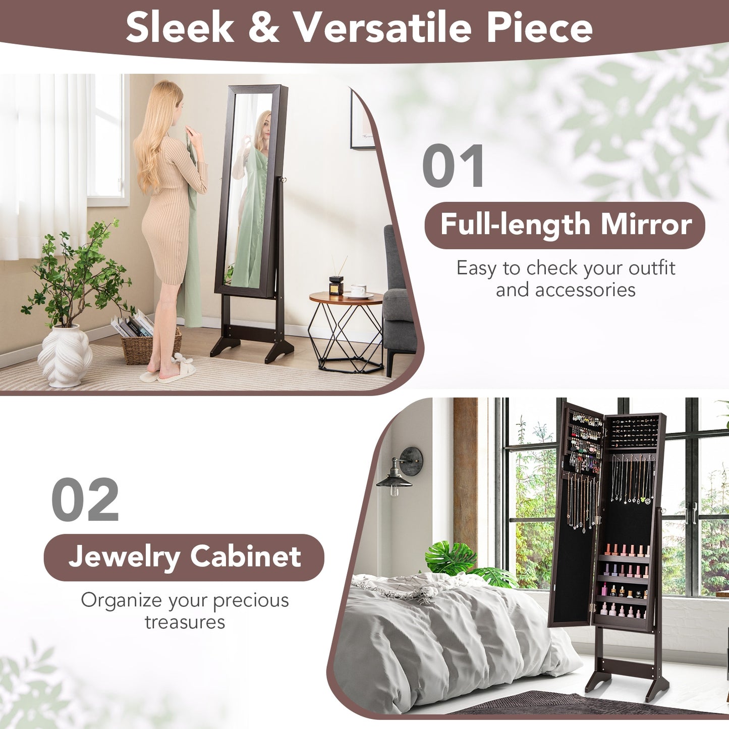 Freestanding Jewelry Cabinet Armoire with Full-Length Mirror and Storage Organizer for Accessories – Rustic Brown