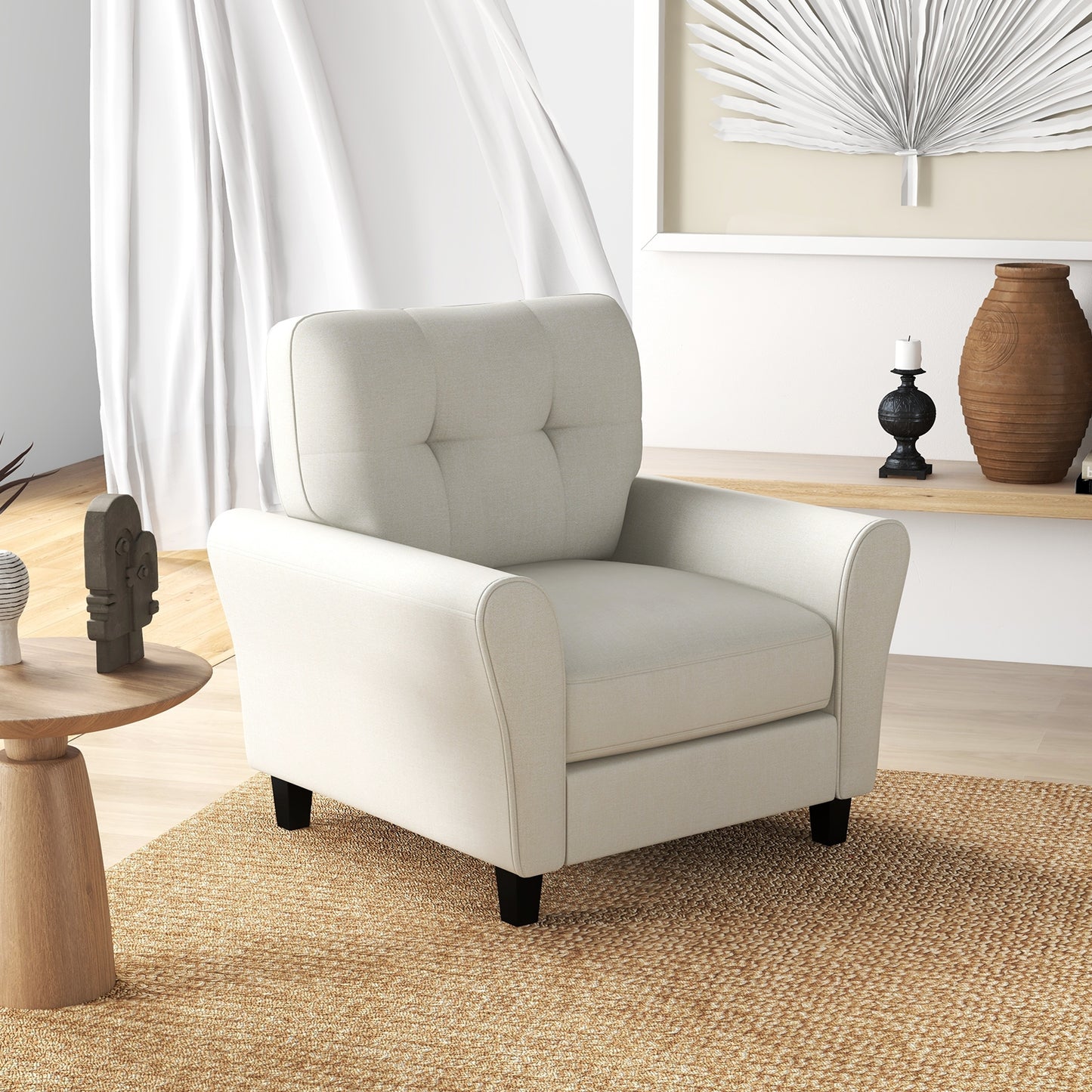 Comfortable Linen Upholstered Armchair with Rubber Wood Legs, Beige