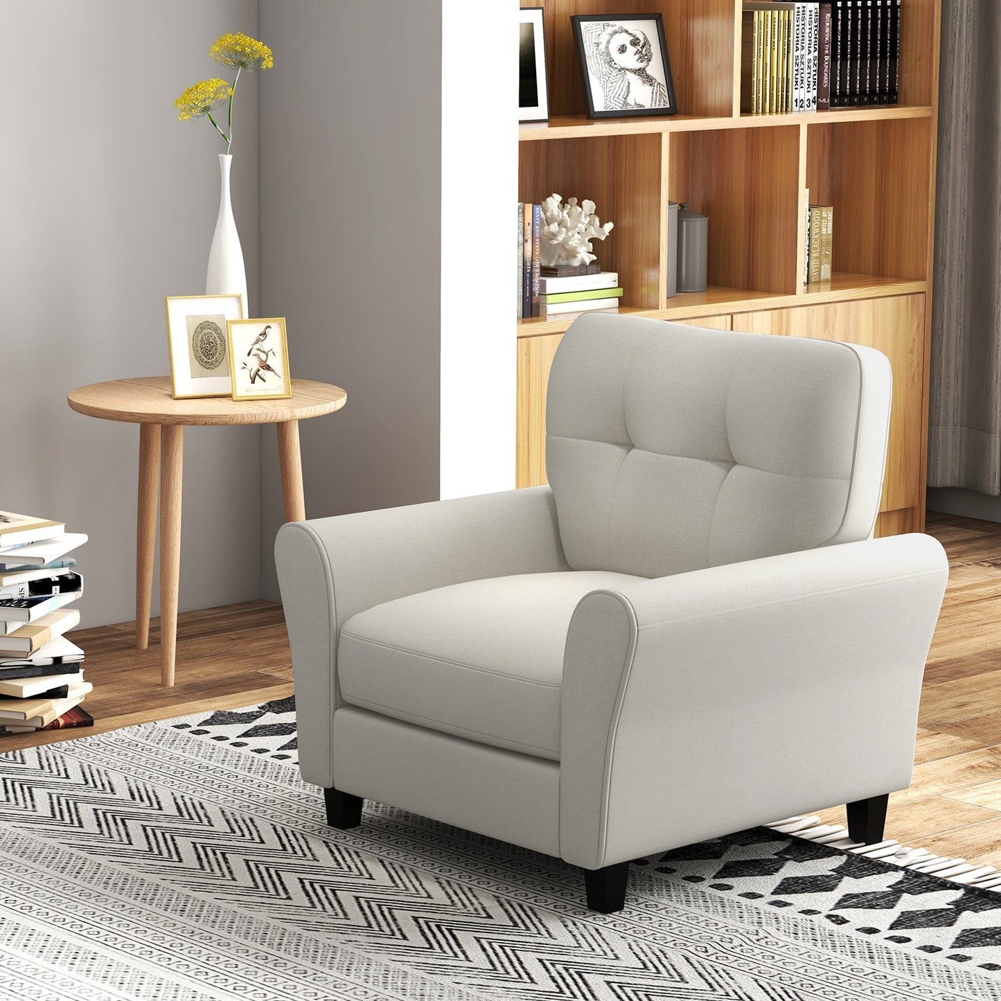 Comfortable Linen Upholstered Armchair with Rubber Wood Legs, Beige