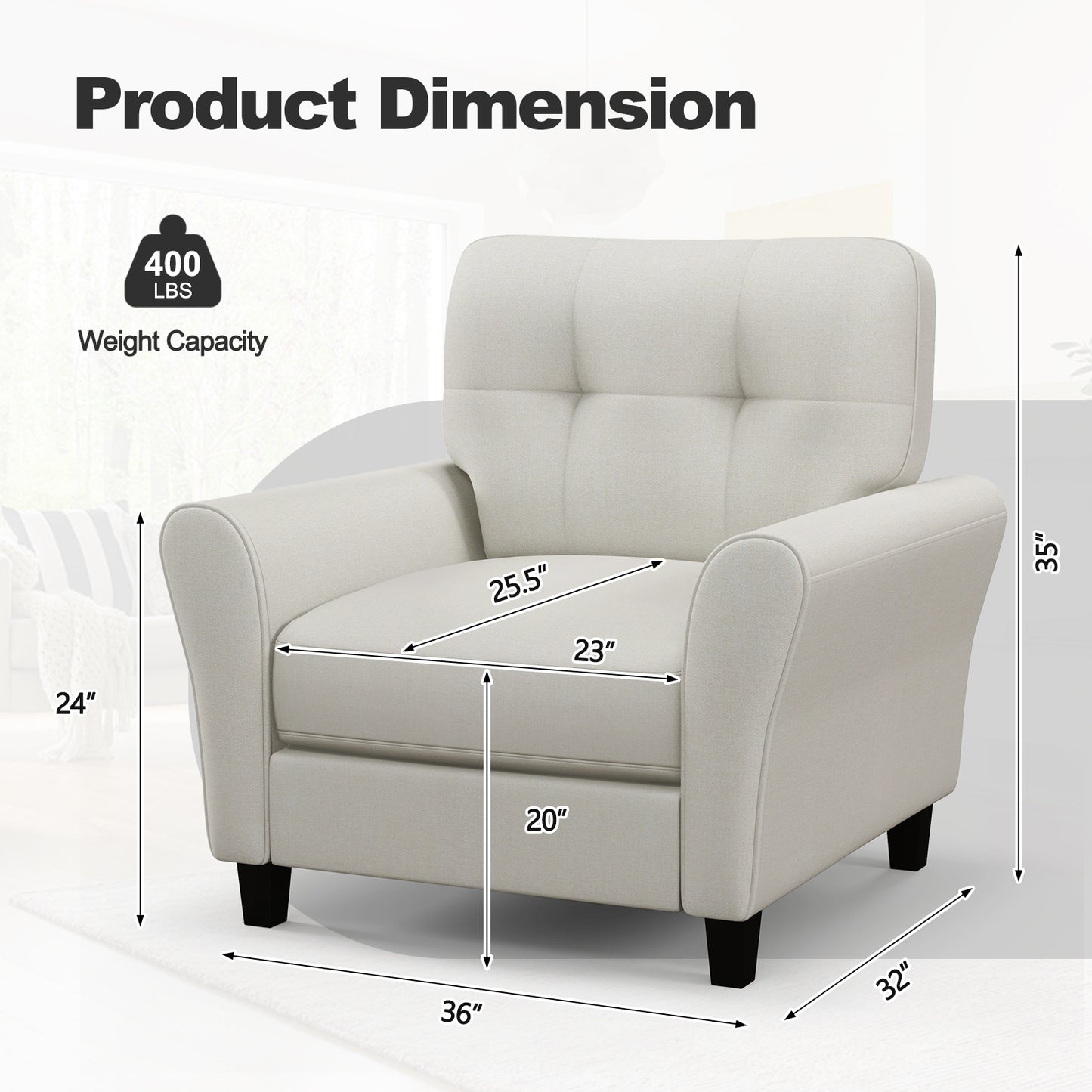 Comfortable Linen Upholstered Armchair with Rubber Wood Legs, Beige