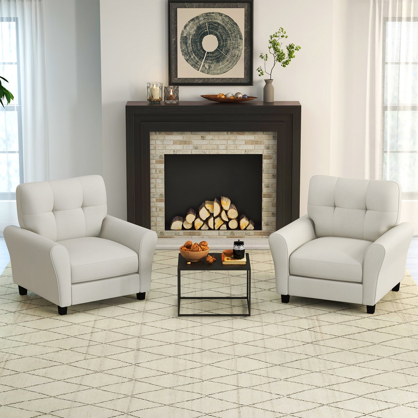 Comfortable Linen Upholstered Armchair with Rubber Wood Legs, Beige