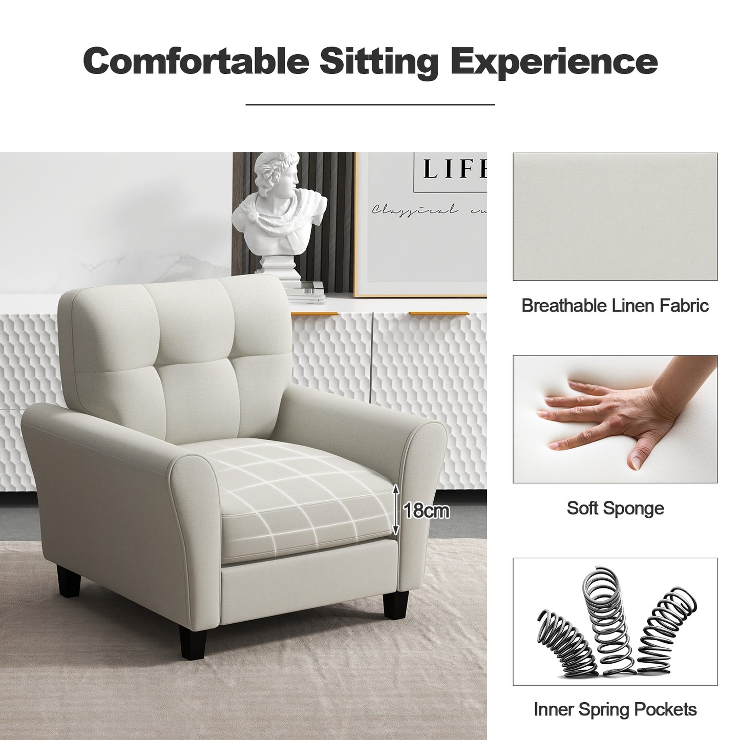 Comfortable Linen Upholstered Armchair with Rubber Wood Legs, Beige