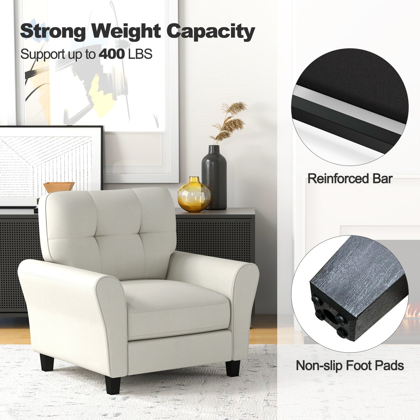 Comfortable Linen Upholstered Armchair with Rubber Wood Legs, Beige
