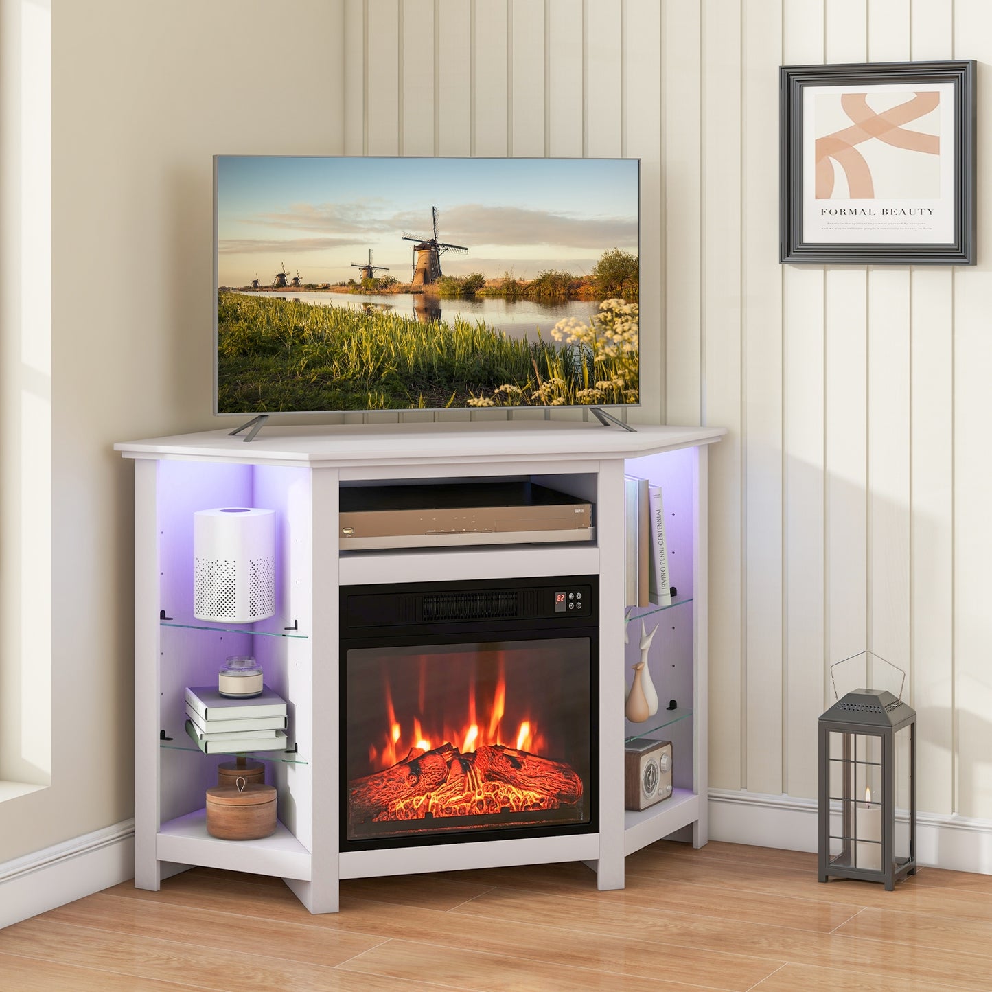 Corner TV Stand with Built-In Electric Fireplace and Smart LED Lights for TVs up to 50 Inches - White