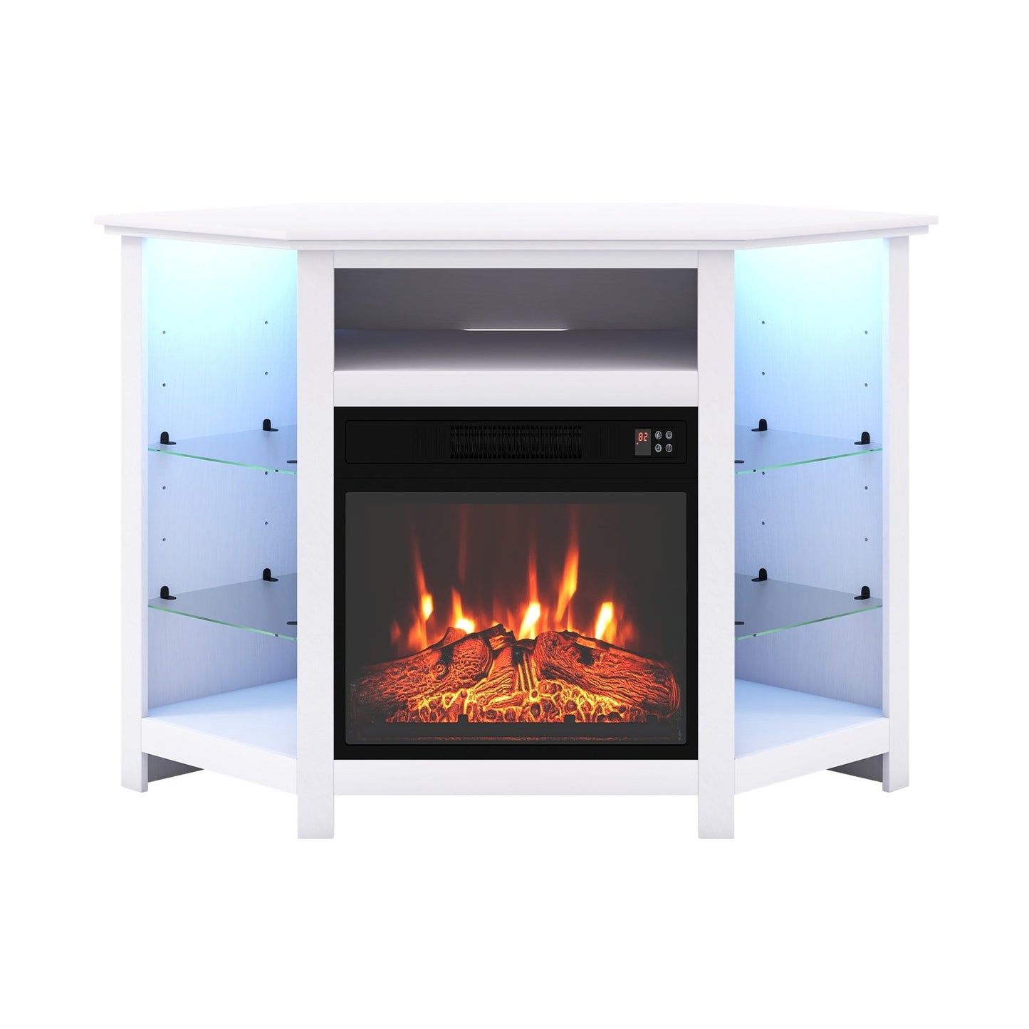 Corner TV Stand with Built-In Electric Fireplace and Smart LED Lights for TVs up to 50 Inches - White