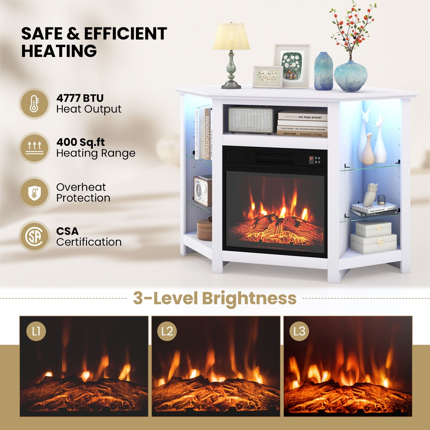 Corner TV Stand with Built-In Electric Fireplace and Smart LED Lights for TVs up to 50 Inches - White