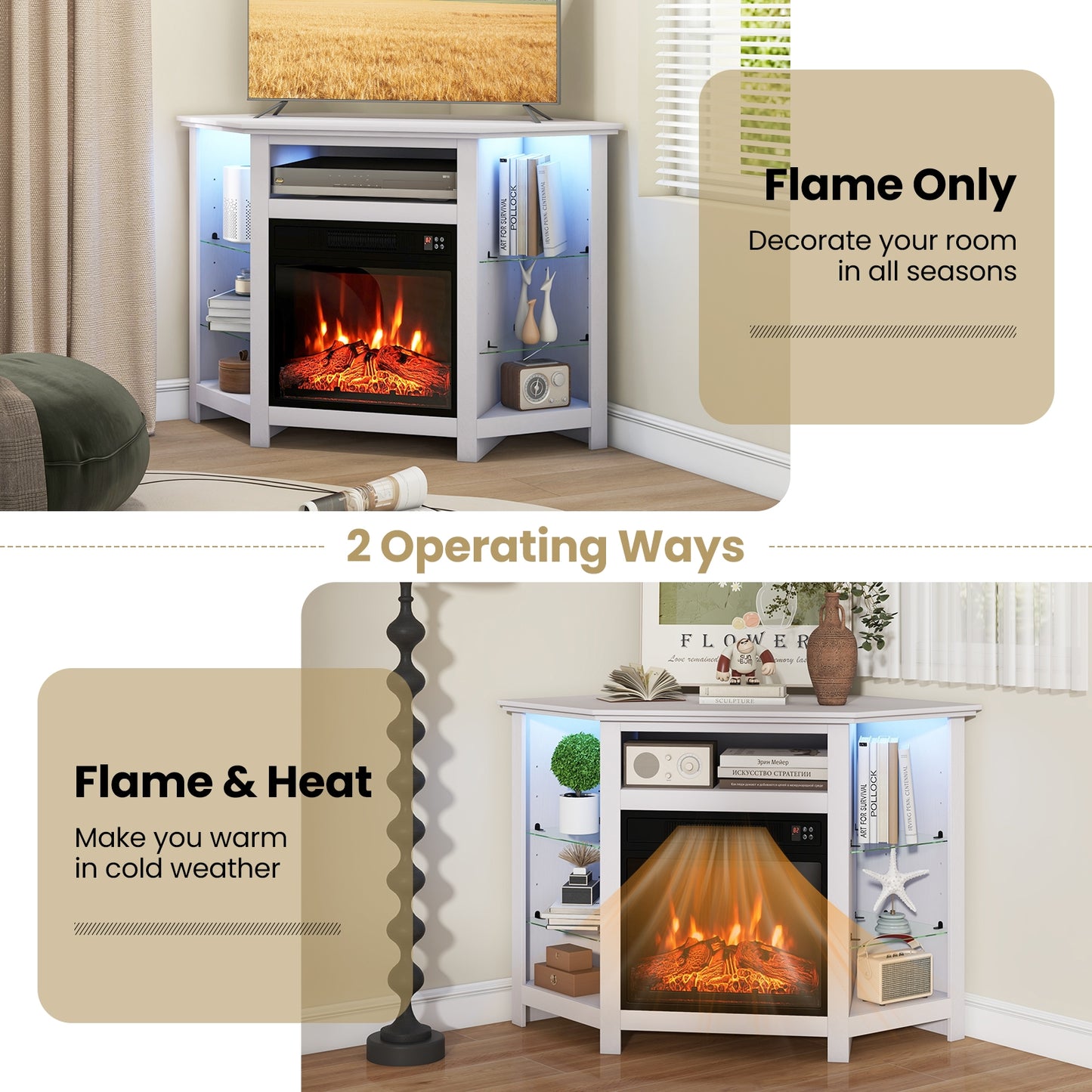 Corner TV Stand with Built-In Electric Fireplace and Smart LED Lights for TVs up to 50 Inches - White