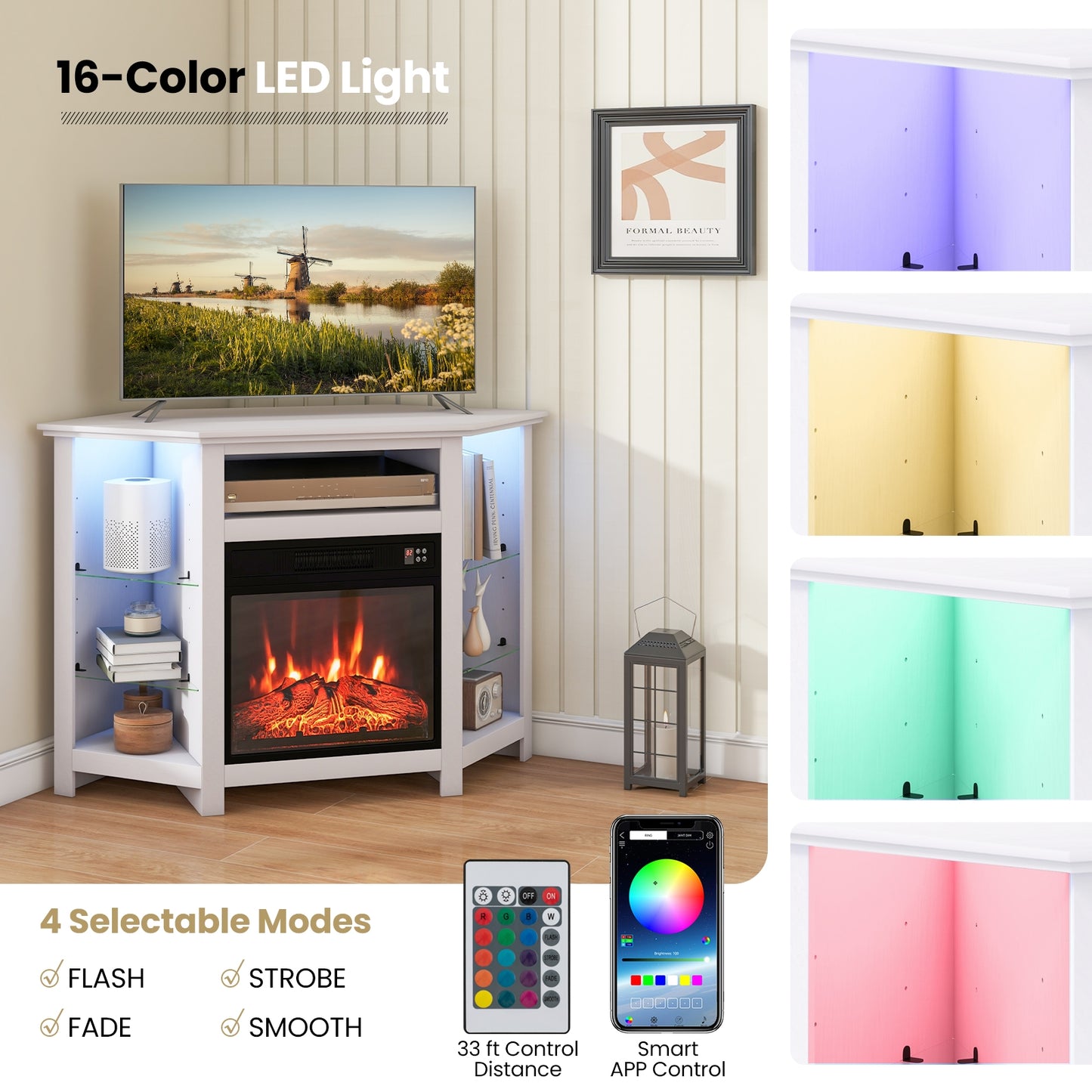 Corner TV Stand with Built-In Electric Fireplace and Smart LED Lights for TVs up to 50 Inches - White