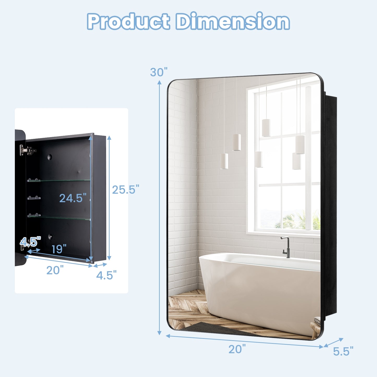 Space Saving Wall Mounted Medicine Cabinet with Adjustable Shelves & Tempered Mirror