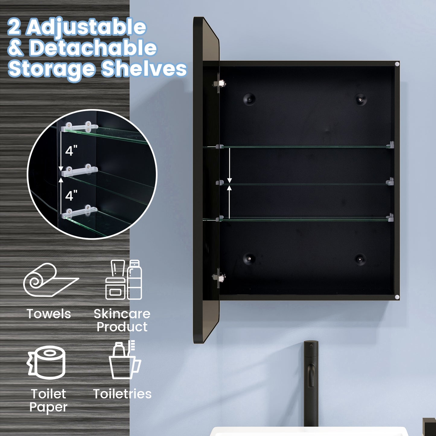 Space Saving Wall Mounted Medicine Cabinet with Adjustable Shelves & Tempered Mirror