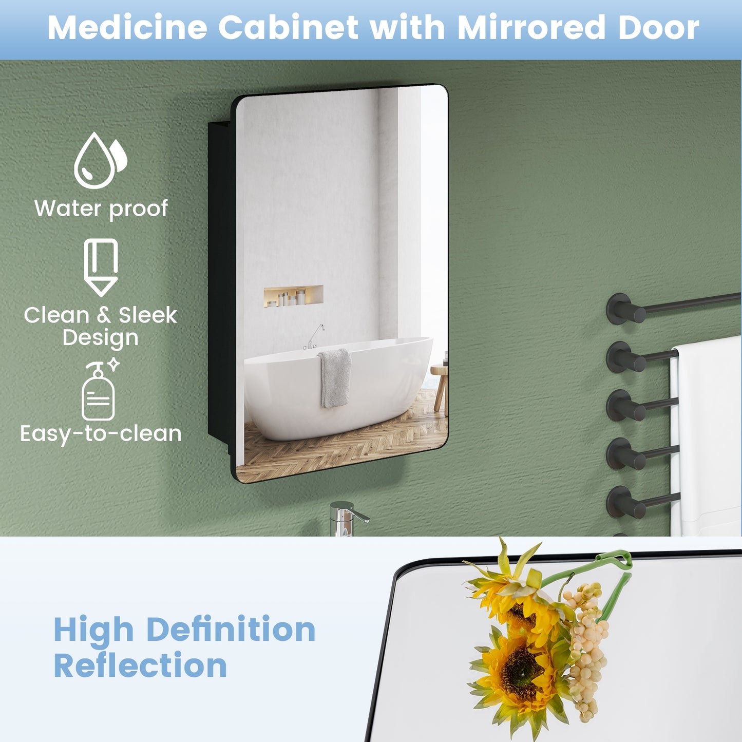 Space Saving Wall Mounted Medicine Cabinet with Adjustable Shelves & Tempered Mirror