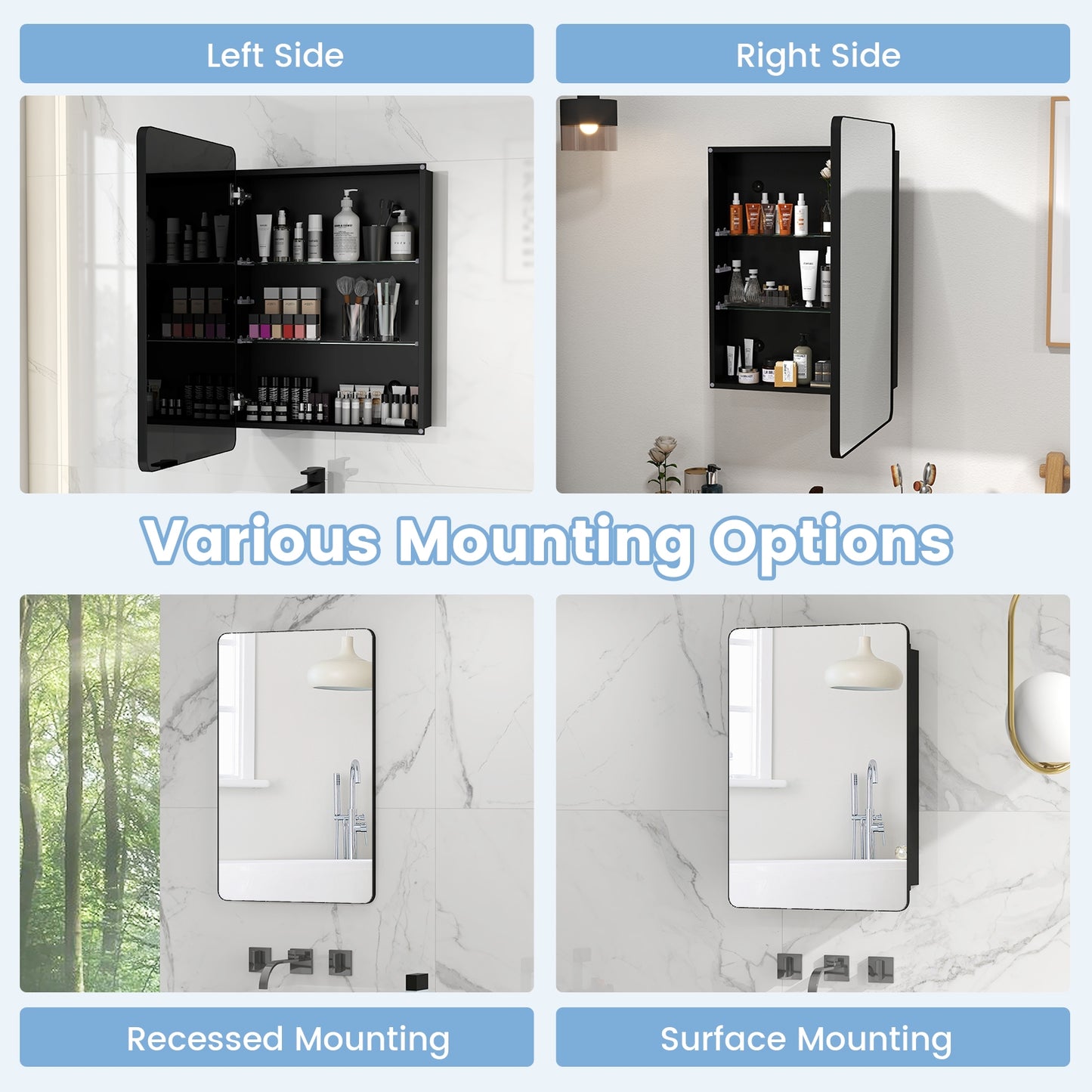 Space Saving Wall Mounted Medicine Cabinet with Adjustable Shelves & Tempered Mirror
