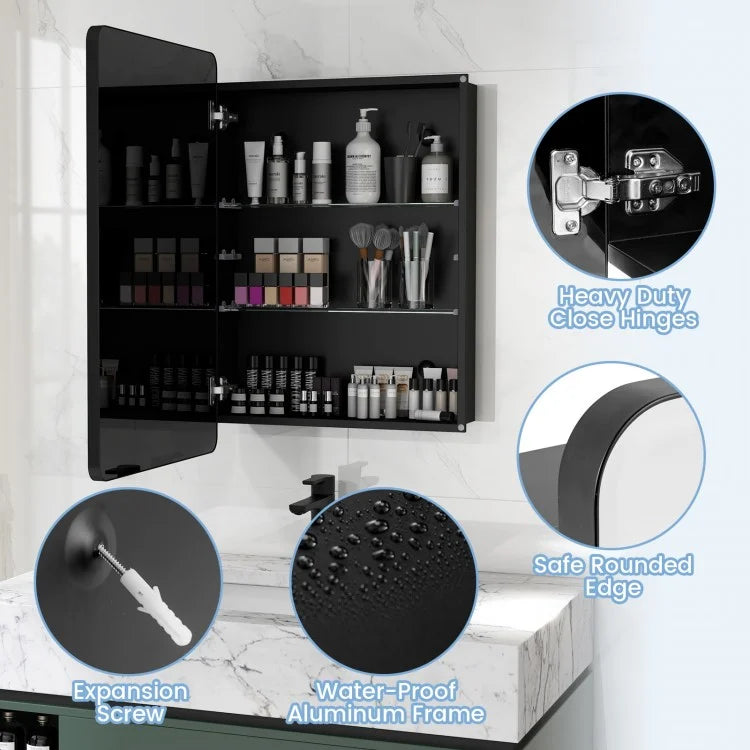 Space Saving Wall Mounted Medicine Cabinet with Adjustable Shelves & Tempered Mirror