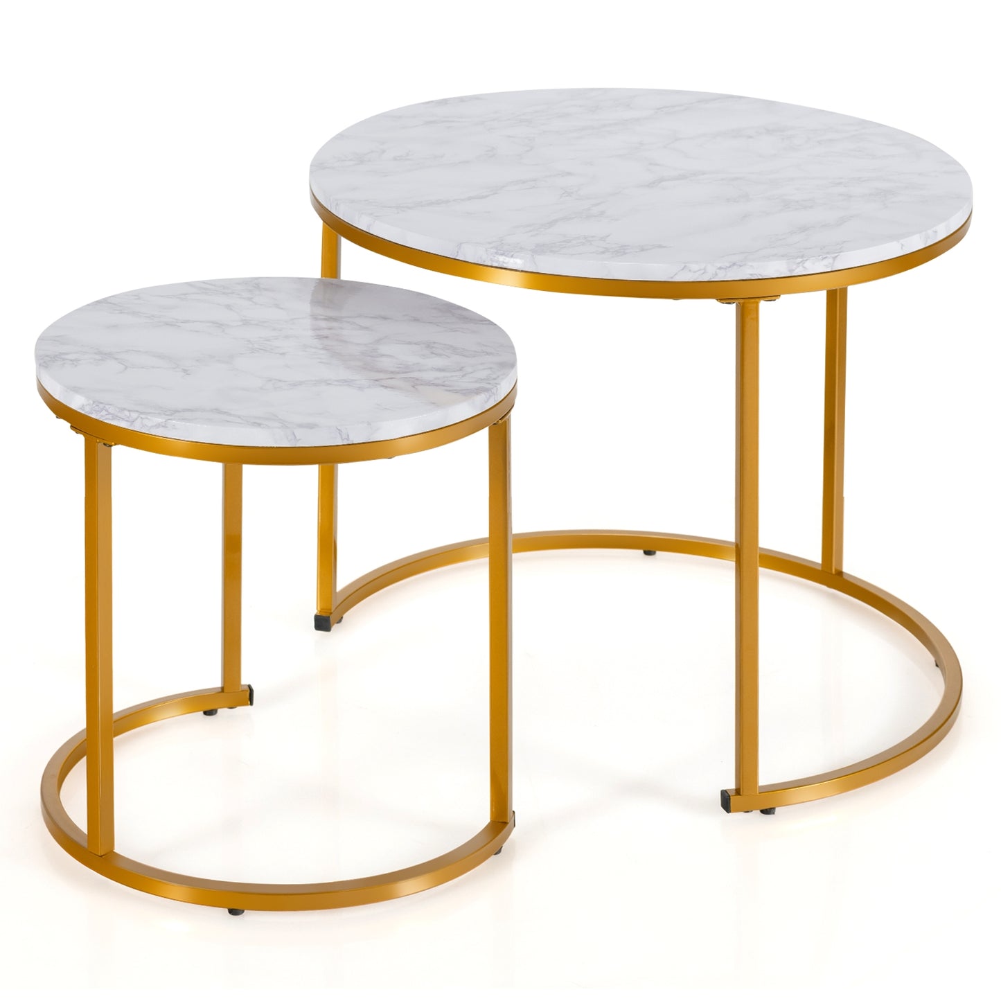 Set of 2 Stacking Round Coffee Tables with Vintage Finish and Metal Frame, Golden
