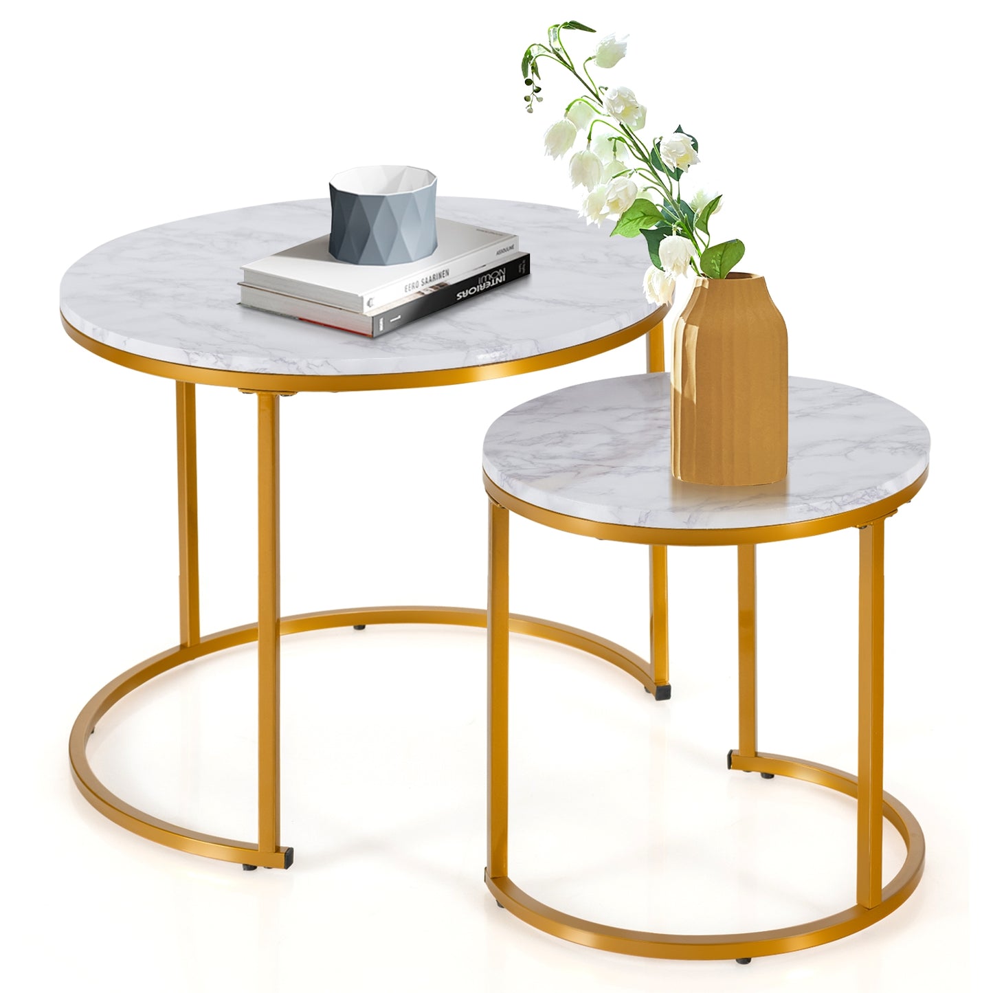 Set of 2 Stacking Round Coffee Tables with Vintage Finish and Metal Frame, Golden