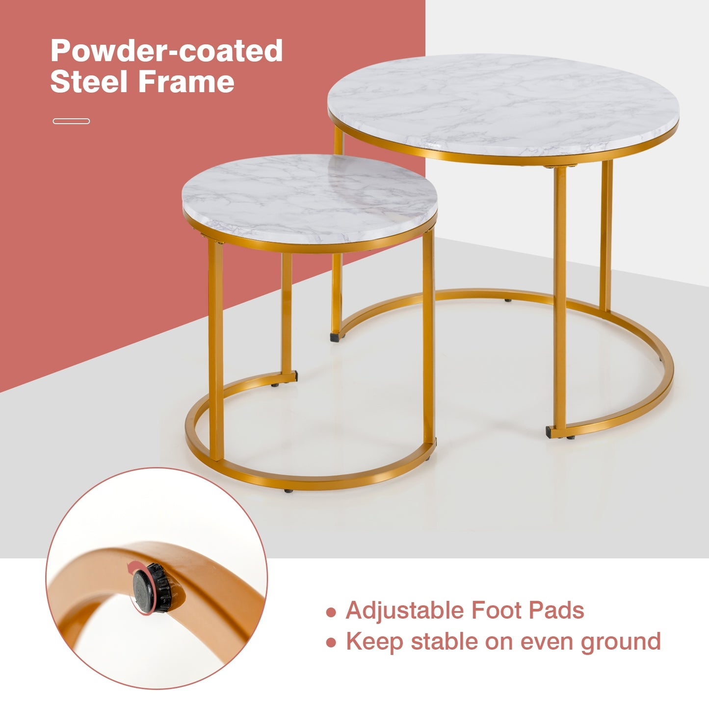 Set of 2 Stacking Round Coffee Tables with Vintage Finish and Metal Frame, Golden