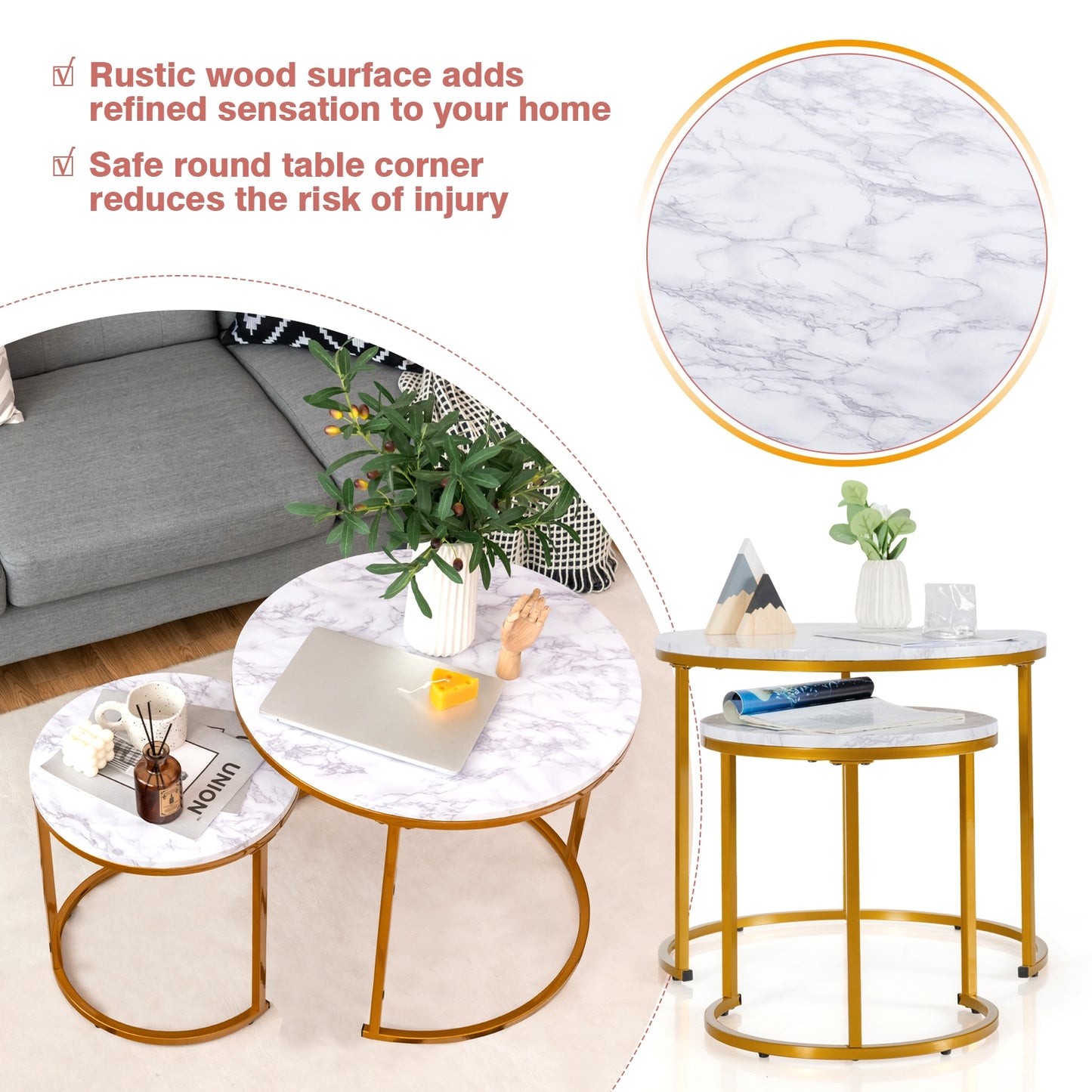 Set of 2 Stacking Round Coffee Tables with Vintage Finish and Metal Frame, Golden
