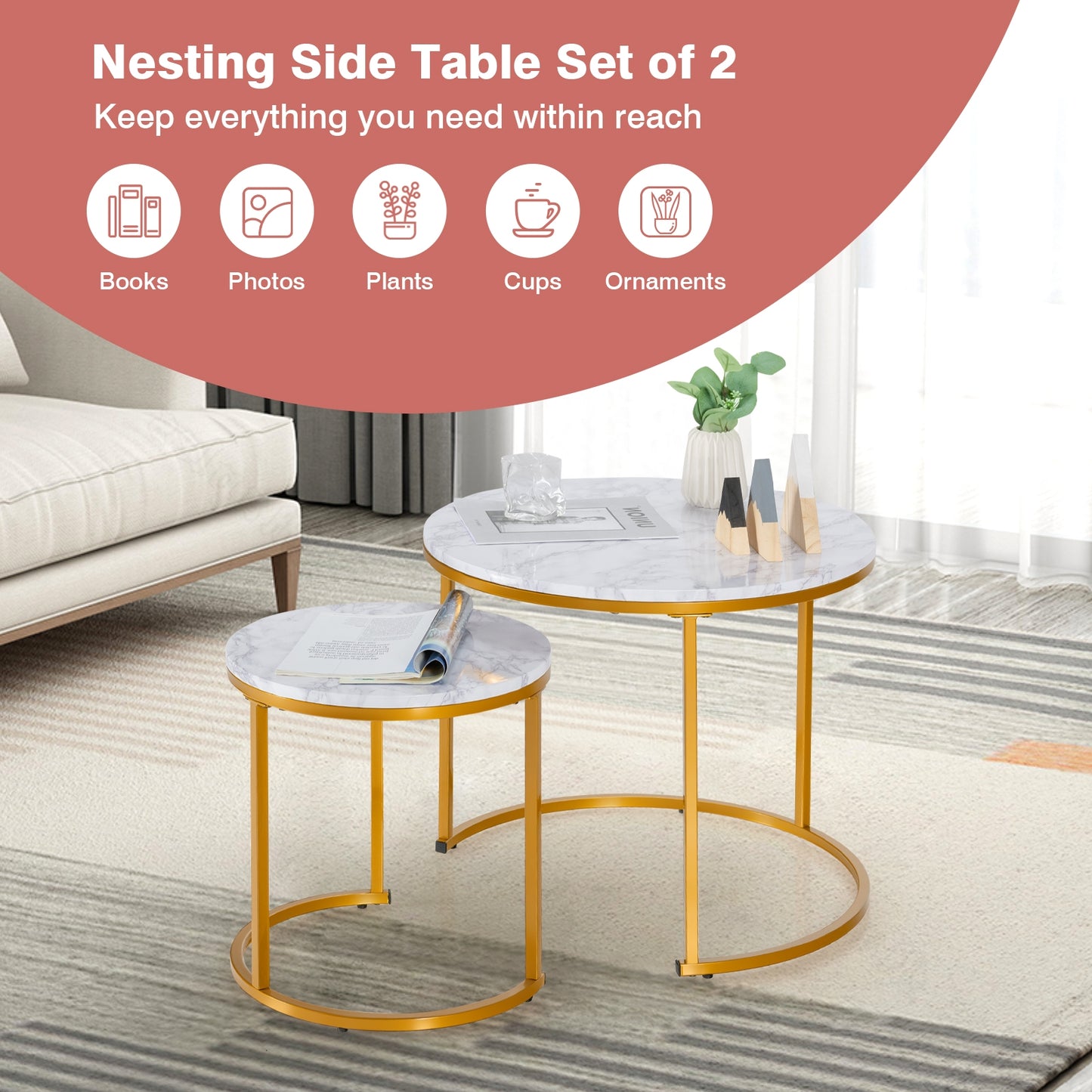 Set of 2 Stacking Round Coffee Tables with Vintage Finish and Metal Frame, Golden