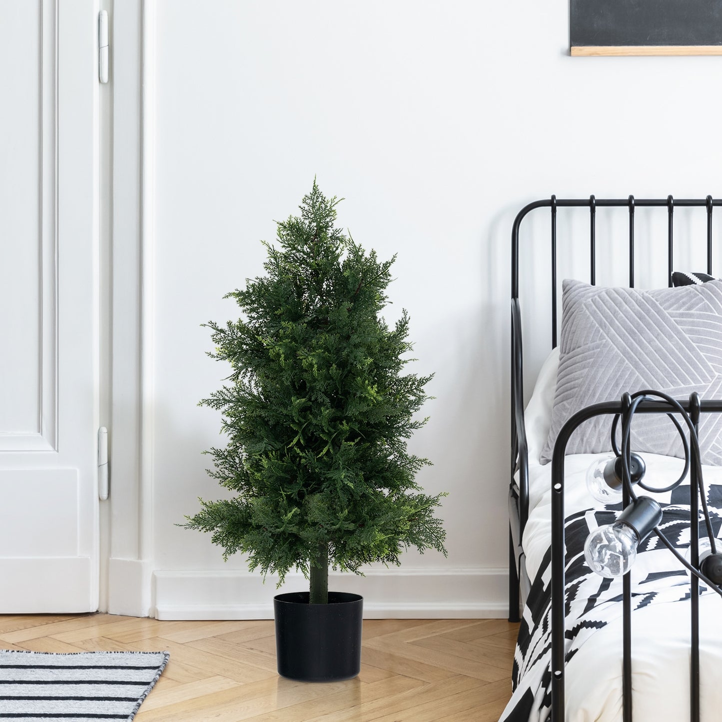 31.5" Artificial Cedar Topiary Tree with Realistic Leaves, Faux Trunk, and Cement filled Pot