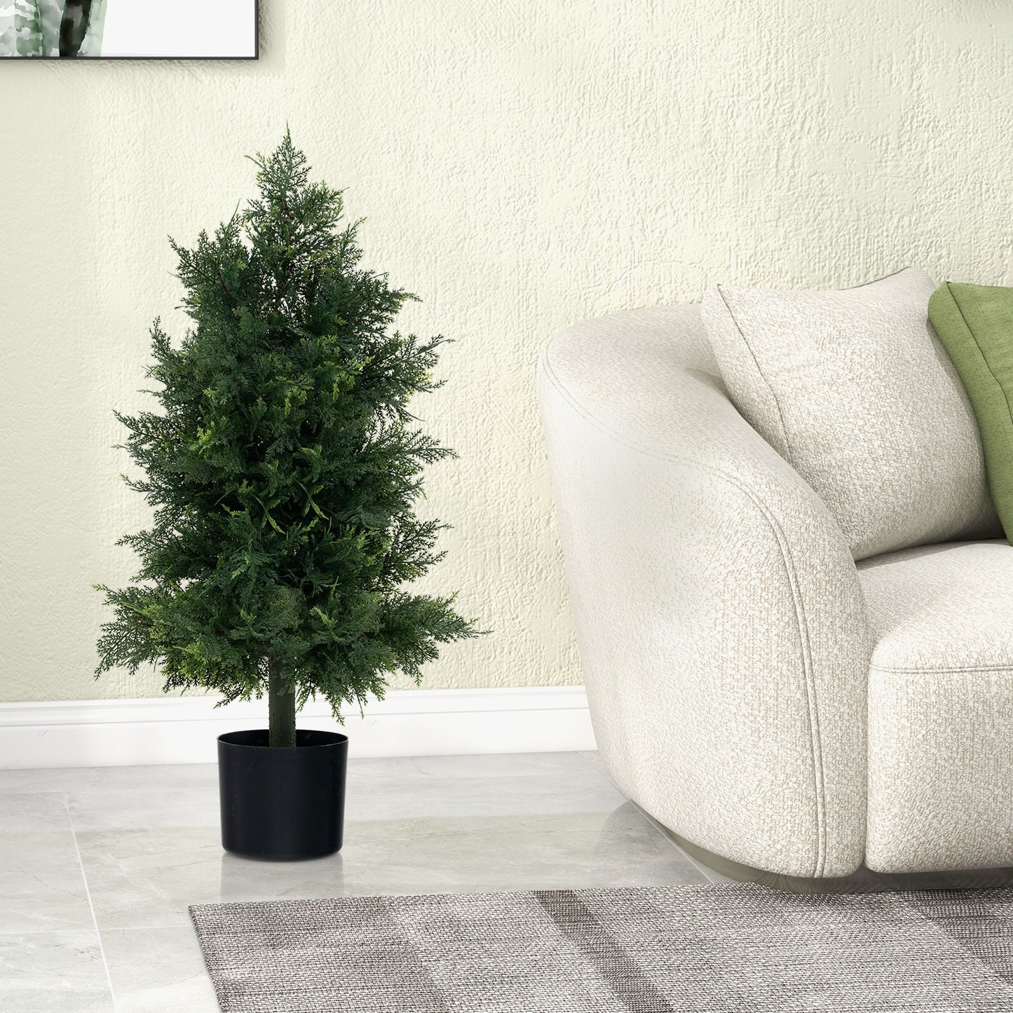 31.5" Artificial Cedar Topiary Tree with Realistic Leaves, Faux Trunk, and Cement filled Pot